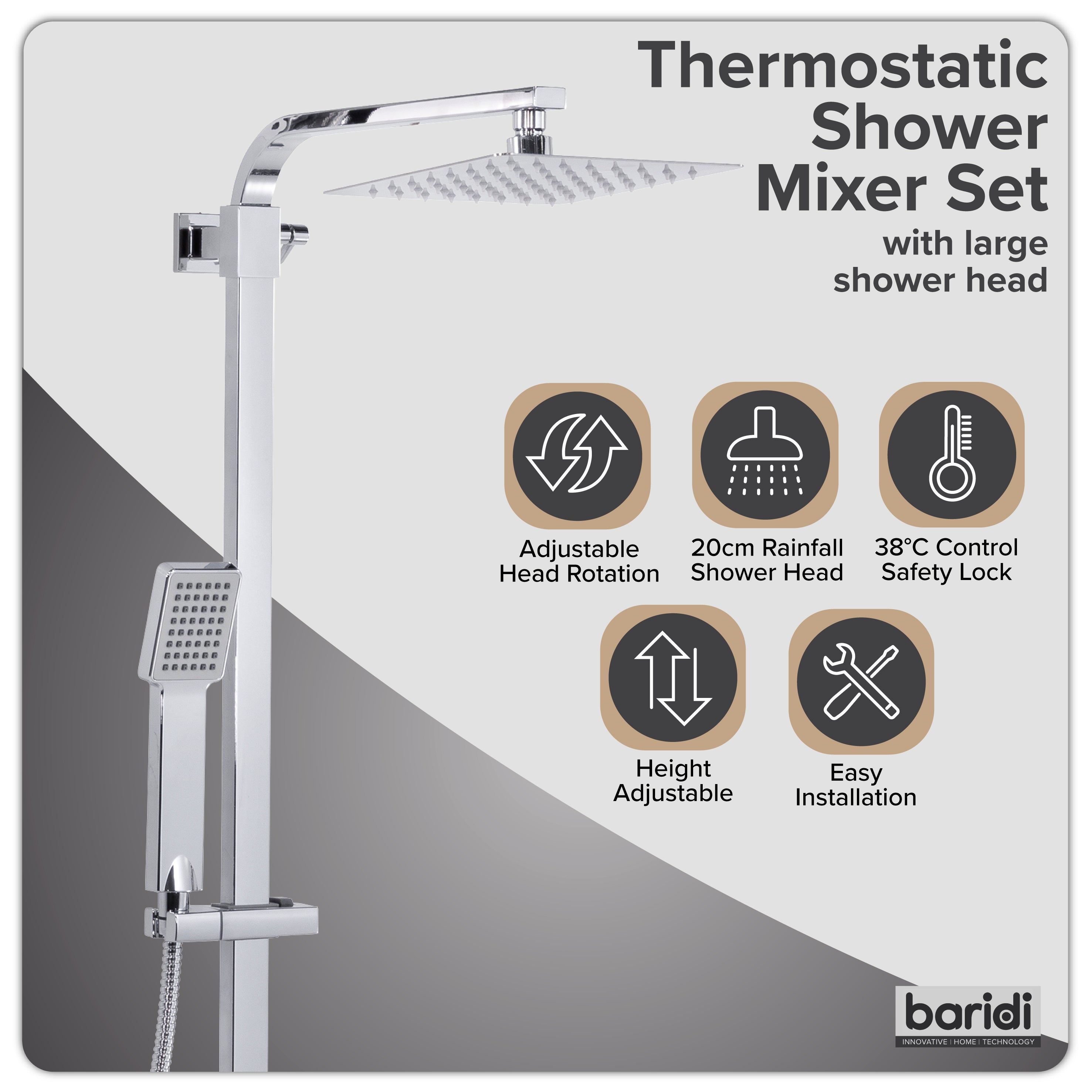 Baridi Thermostatic Shower Mixer Set, 20x20cm Square Head, Height Adjustable Rail, Chrome - DH316