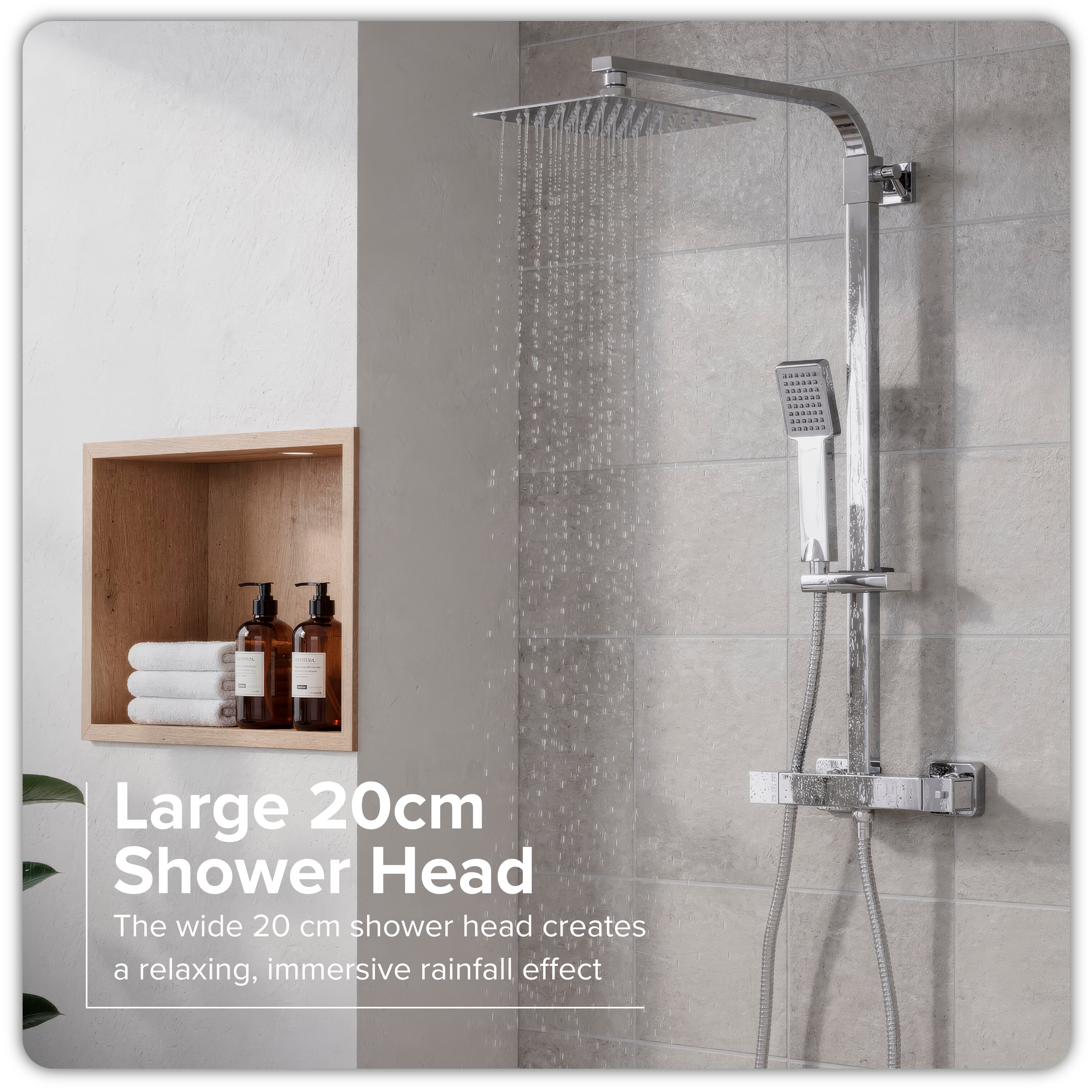 Baridi Thermostatic Shower Mixer Set, 20x20cm Square Head, Height Adjustable Rail, Chrome - DH316