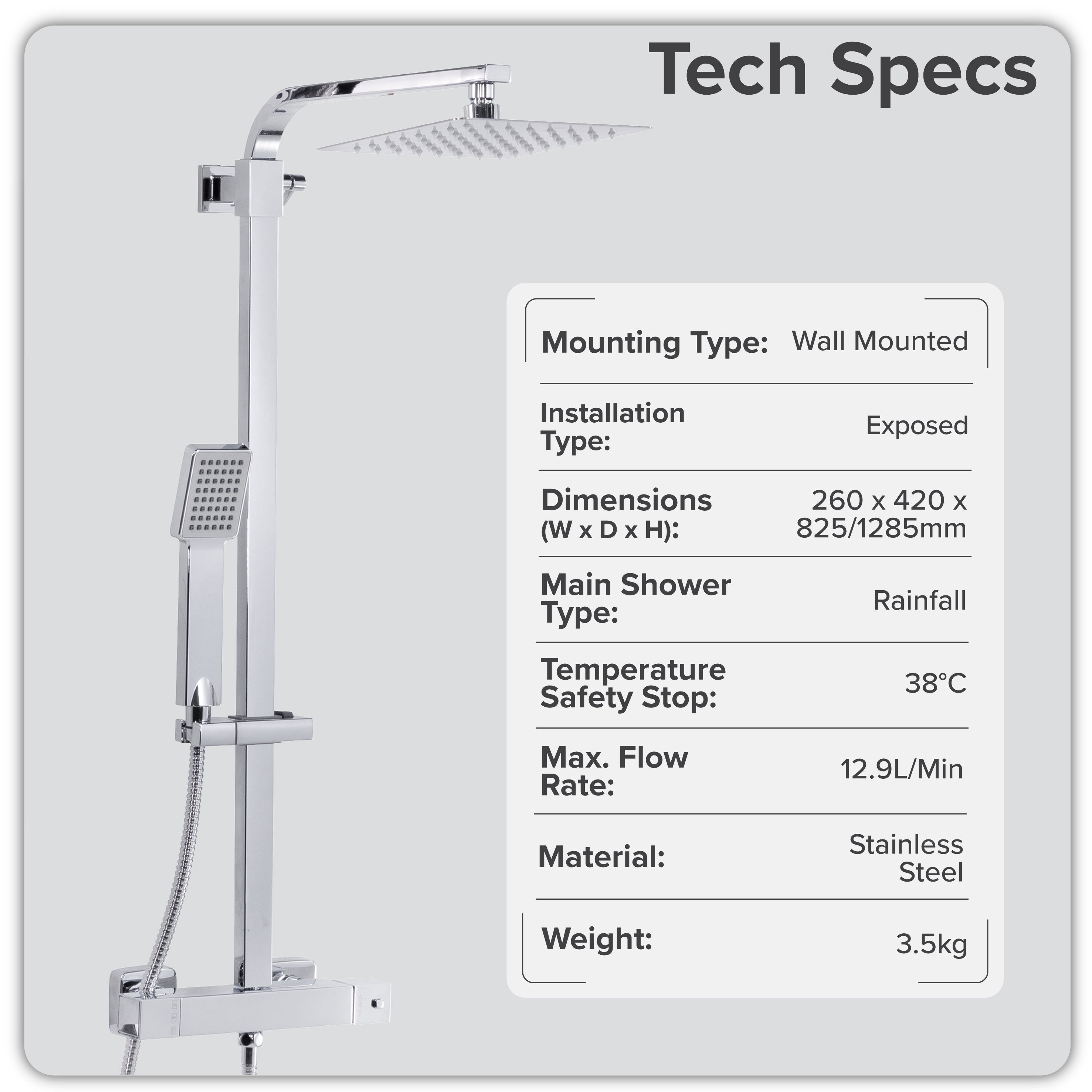 Baridi Thermostatic Shower Mixer Set, 20x20cm Square Head, Height Adjustable Rail, Chrome - DH316