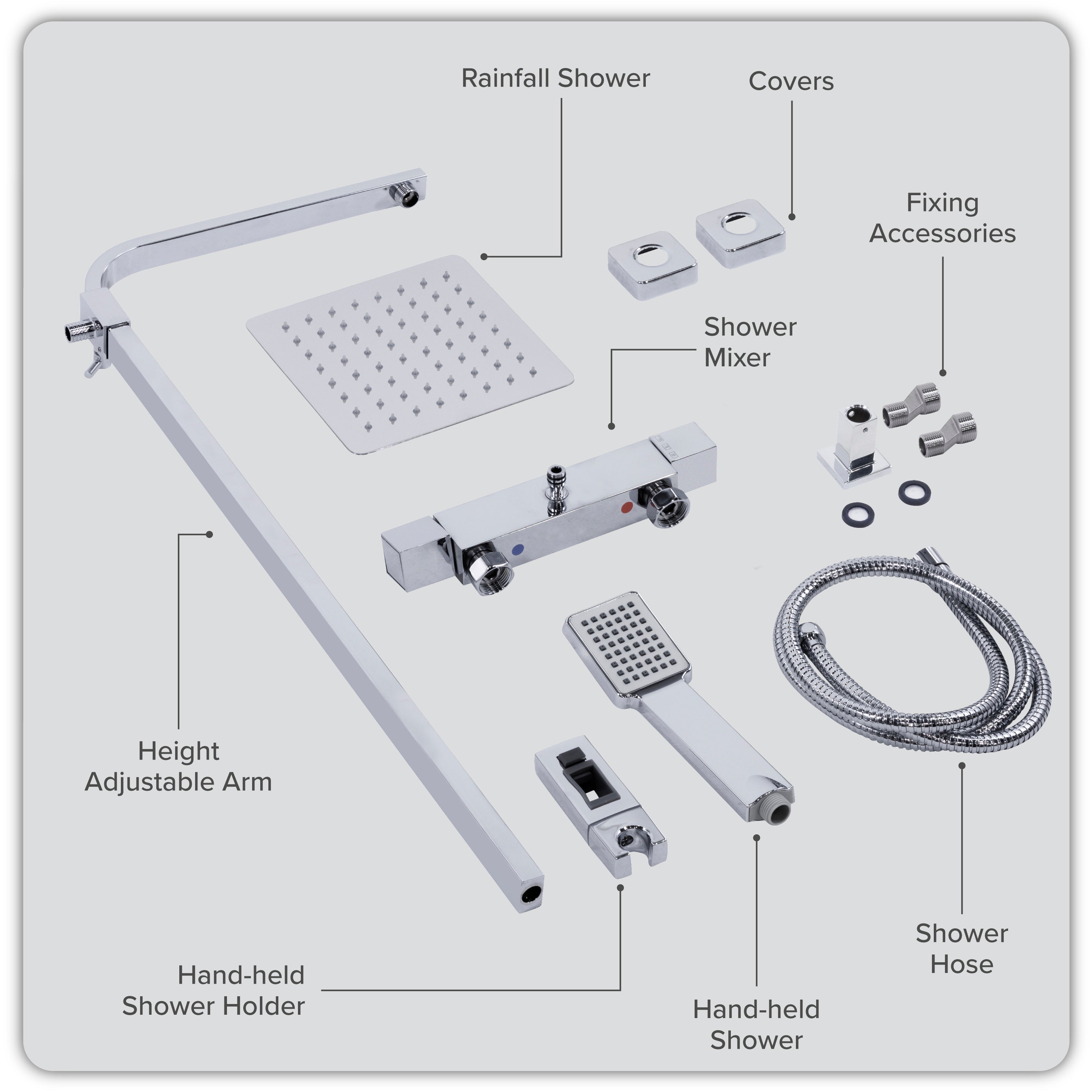 Baridi Thermostatic Shower Mixer Set, 20x20cm Square Head, Height Adjustable Rail, Chrome - DH316