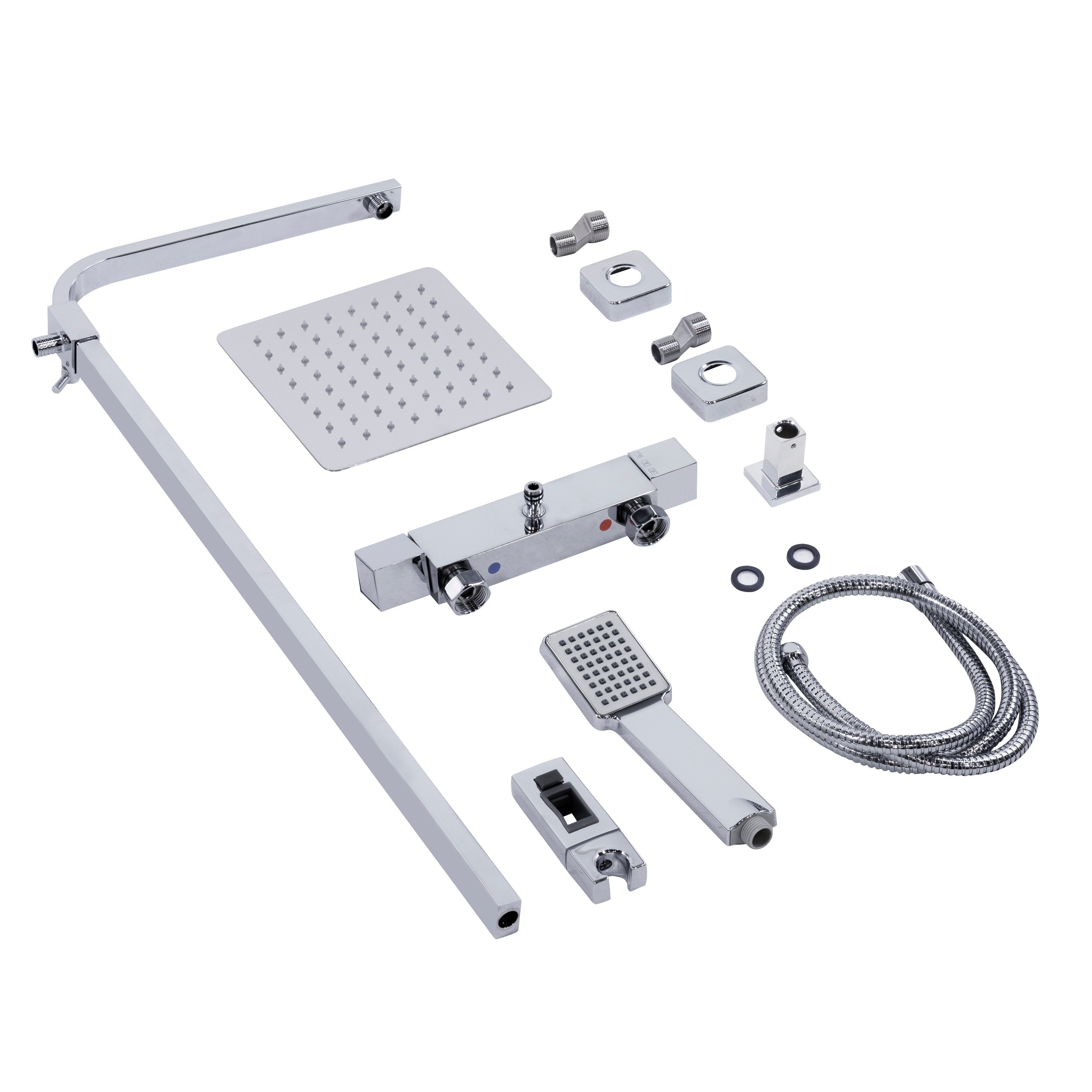 Baridi Thermostatic Shower Mixer Set, 20x20cm Square Head, Height Adjustable Rail, Chrome - DH316
