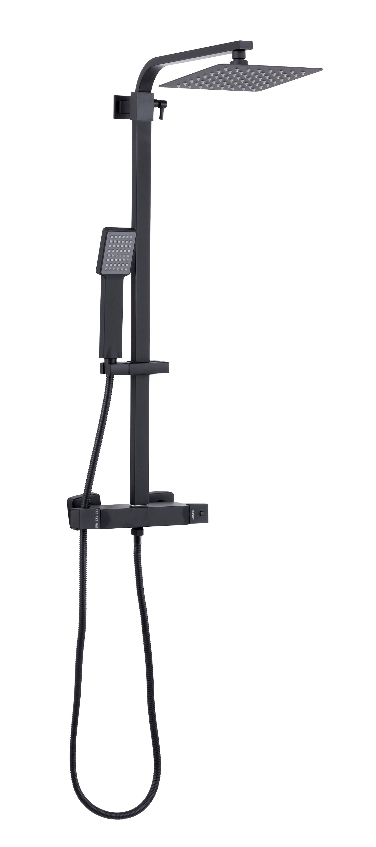 Baridi Thermostatic Shower Mixer Set, 20x20cm Square Head, Height Adjustable Rail, Black - DH317