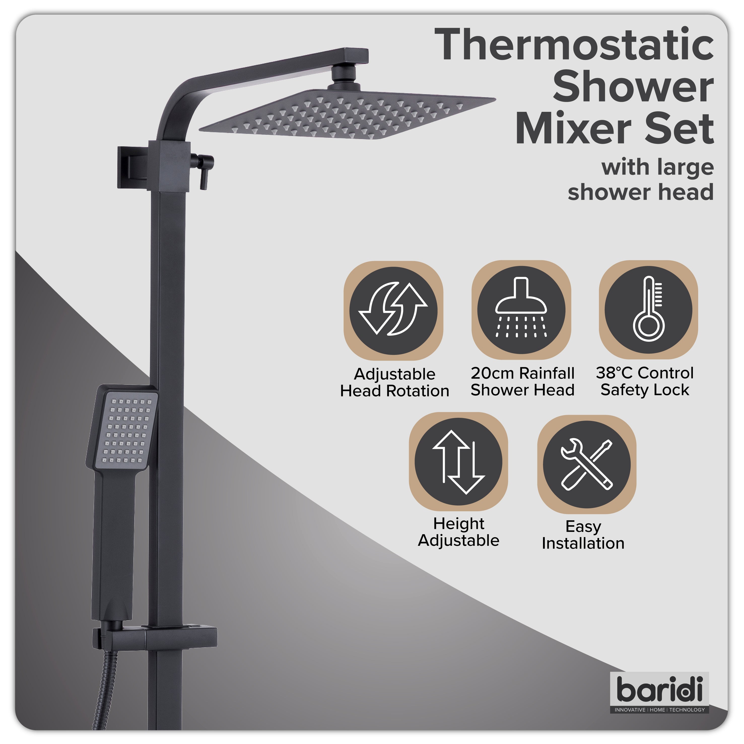 Baridi Thermostatic Shower Mixer Set, 20x20cm Square Head, Height Adjustable Rail, Black - DH317