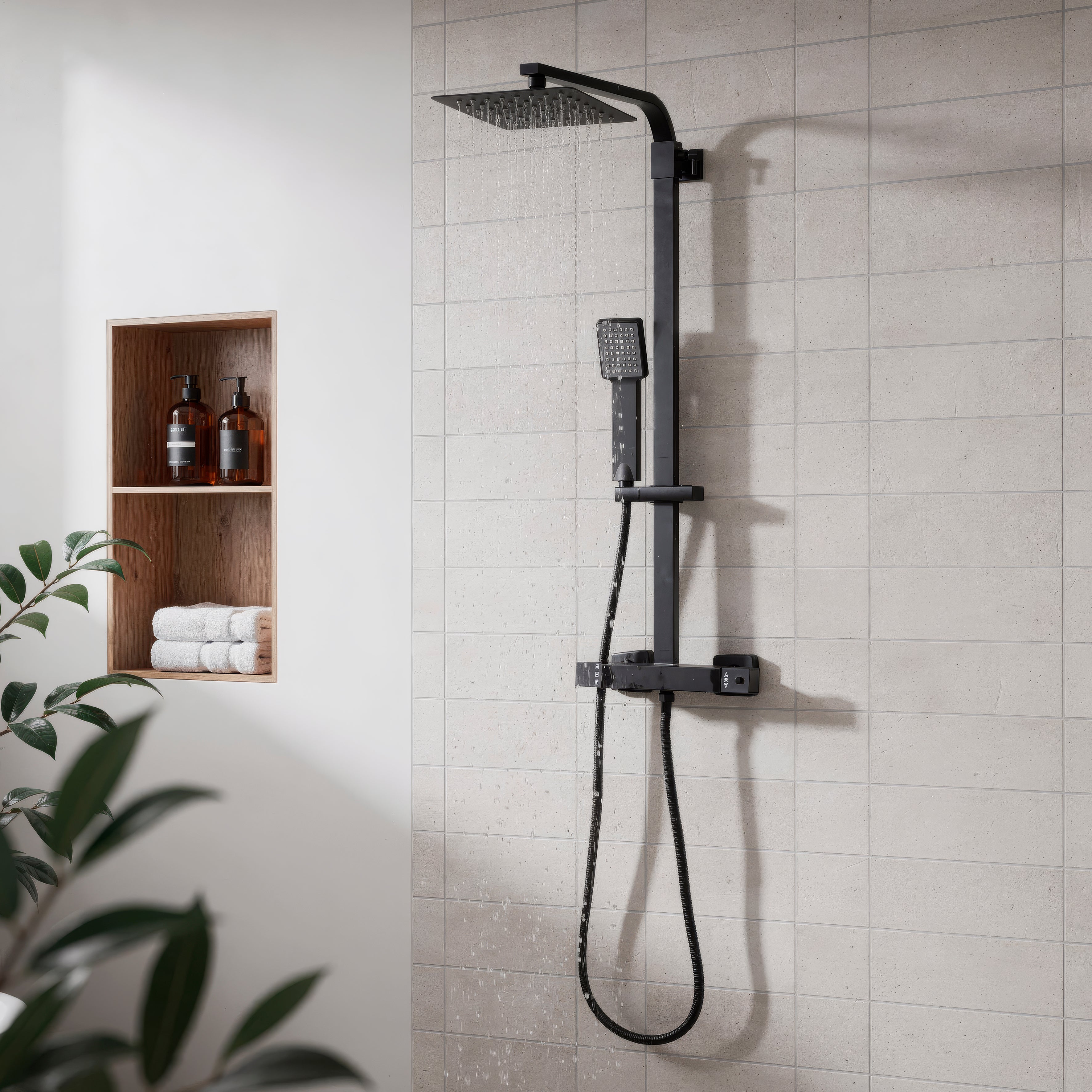 Baridi Thermostatic Shower Mixer Set, 20x20cm Square Head, Height Adjustable Rail, Black - DH317