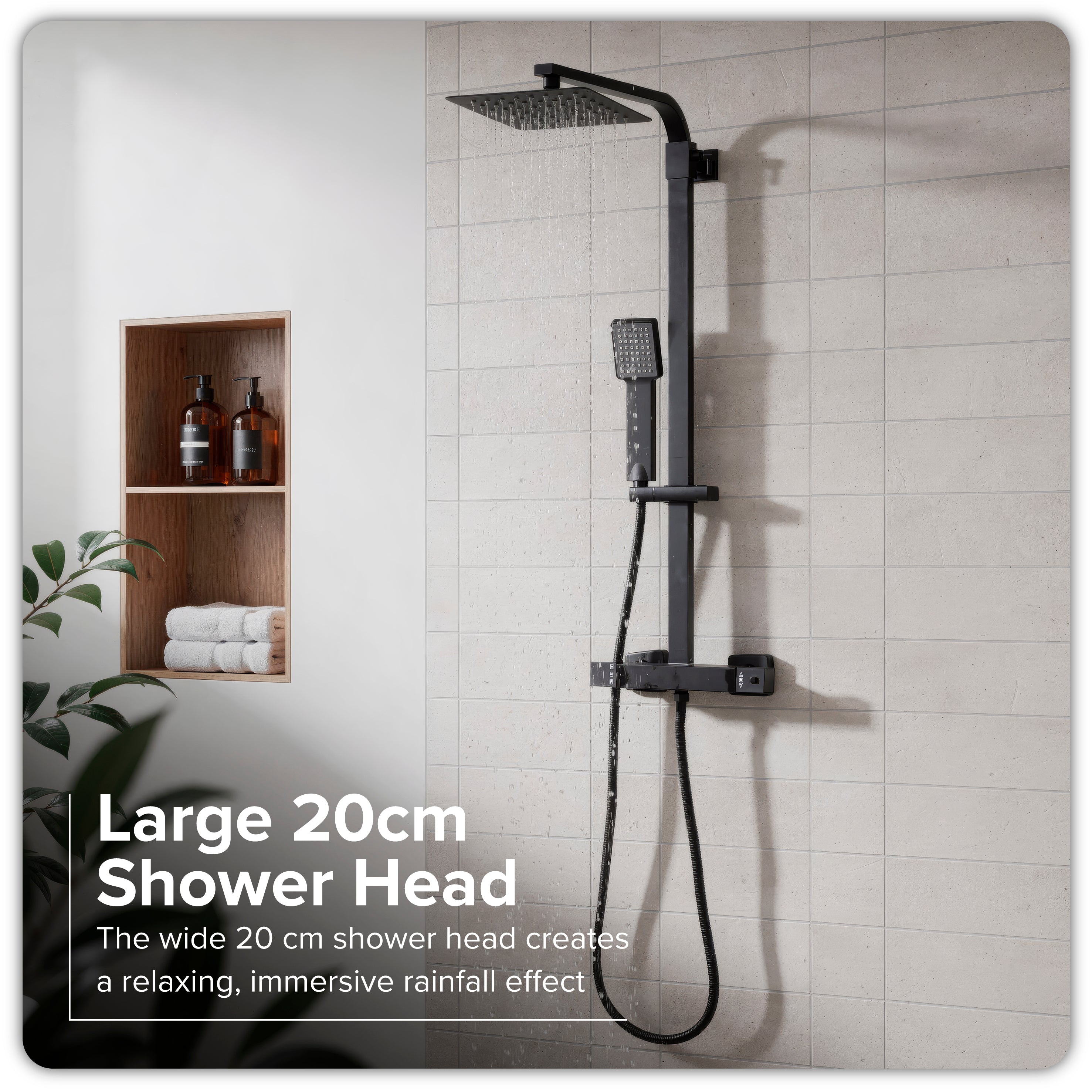 Baridi Thermostatic Shower Mixer Set, 20x20cm Square Head, Height Adjustable Rail, Black - DH317