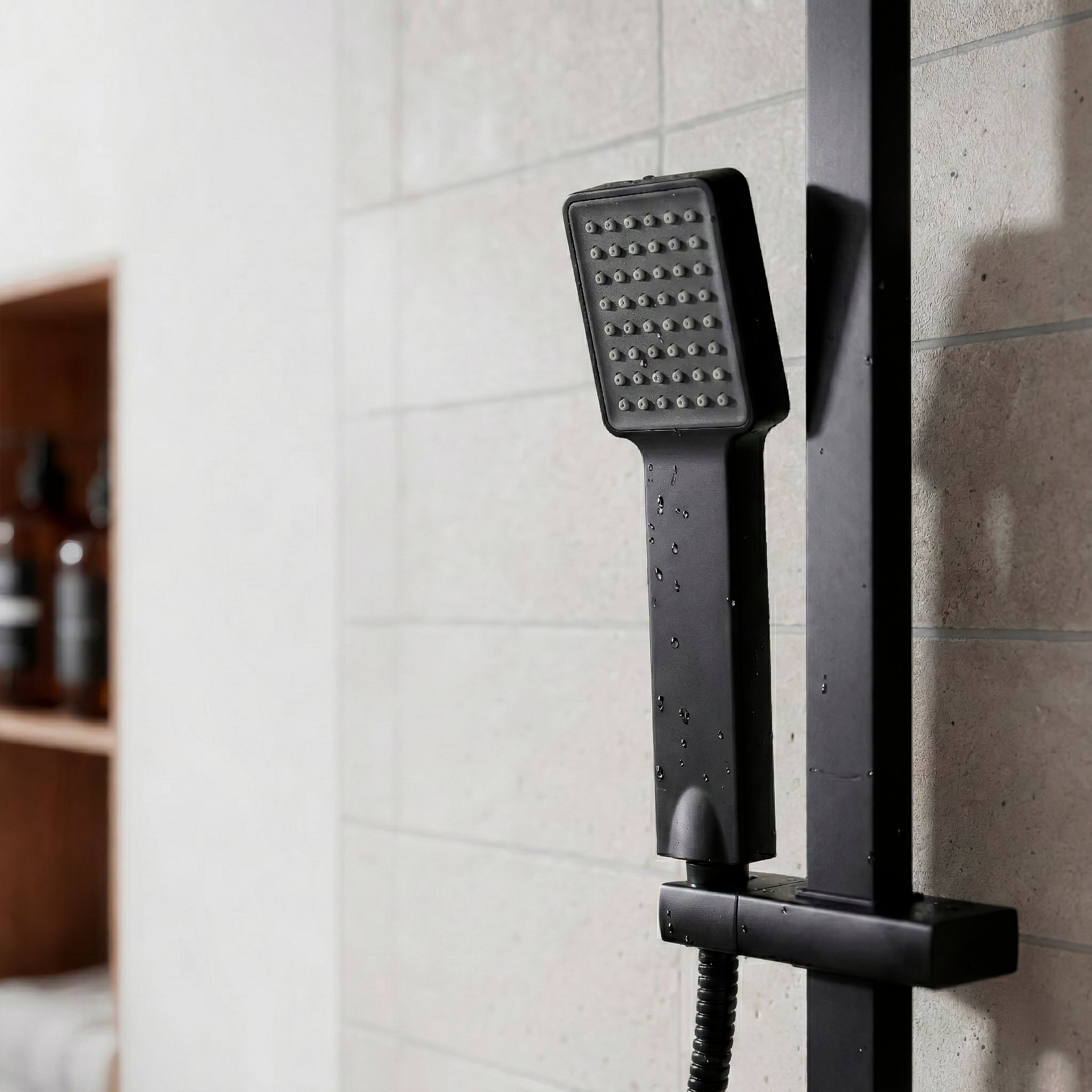 Baridi Thermostatic Shower Mixer Set, 20x20cm Square Head, Height Adjustable Rail, Black - DH317