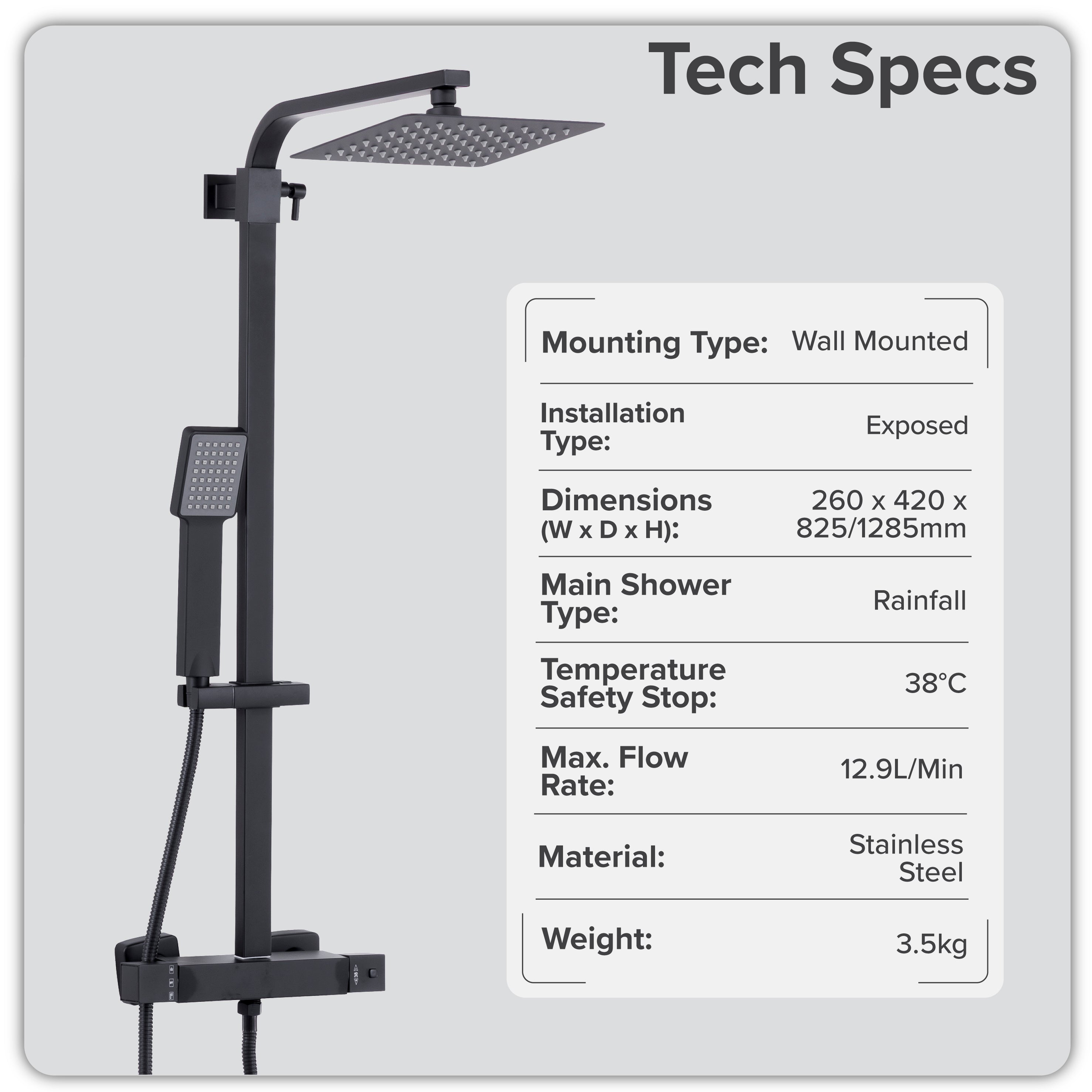 Baridi Thermostatic Shower Mixer Set, 20x20cm Square Head, Height Adjustable Rail, Black - DH317