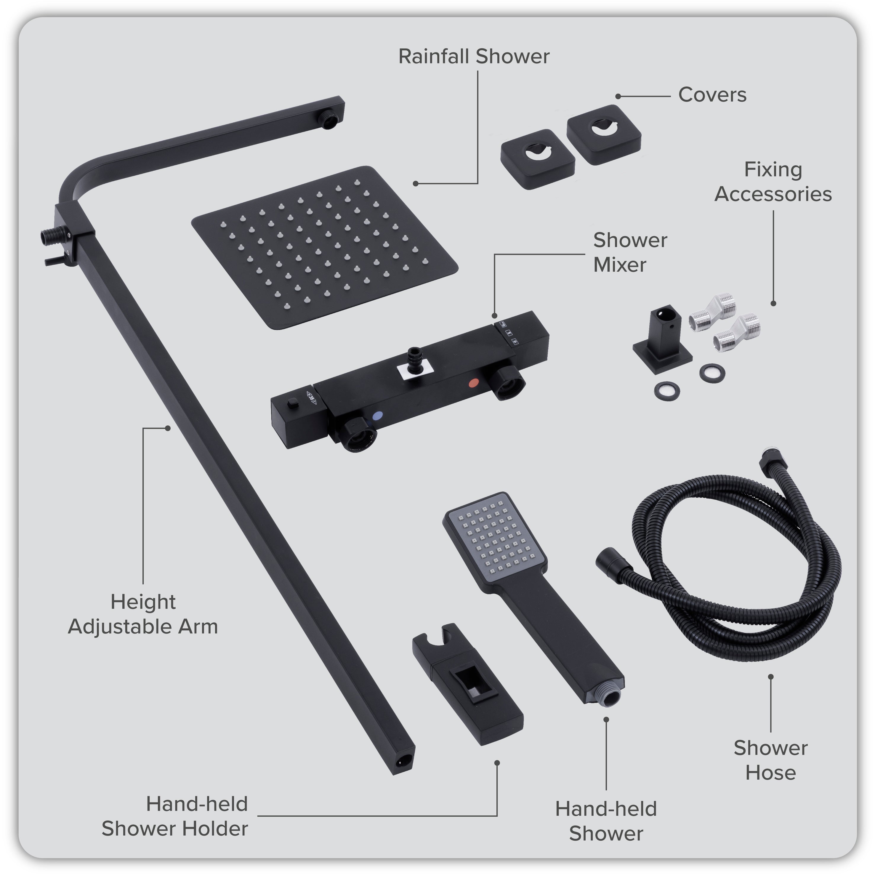 Baridi Thermostatic Shower Mixer Set, 20x20cm Square Head, Height Adjustable Rail, Black - DH317