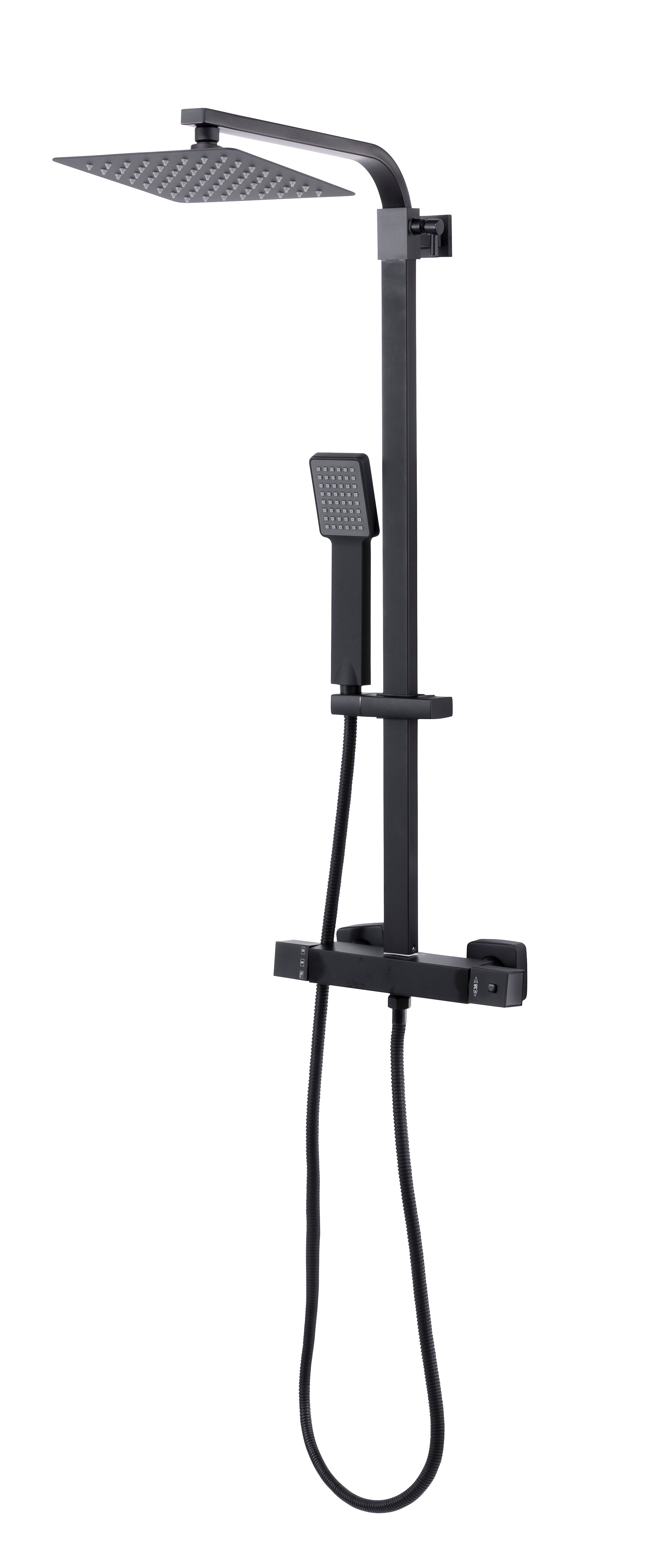 Baridi Thermostatic Shower Mixer Set, 20x20cm Square Head, Height Adjustable Rail, Black - DH317