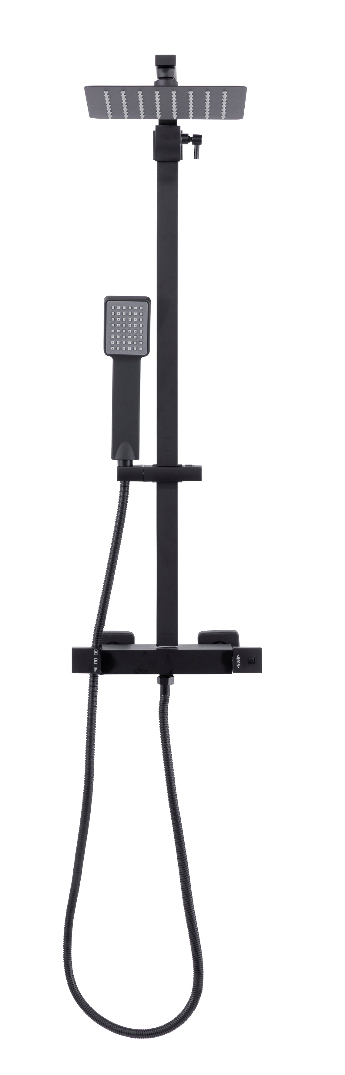 Baridi Thermostatic Shower Mixer Set, 20x20cm Square Head, Height Adjustable Rail, Black - DH317