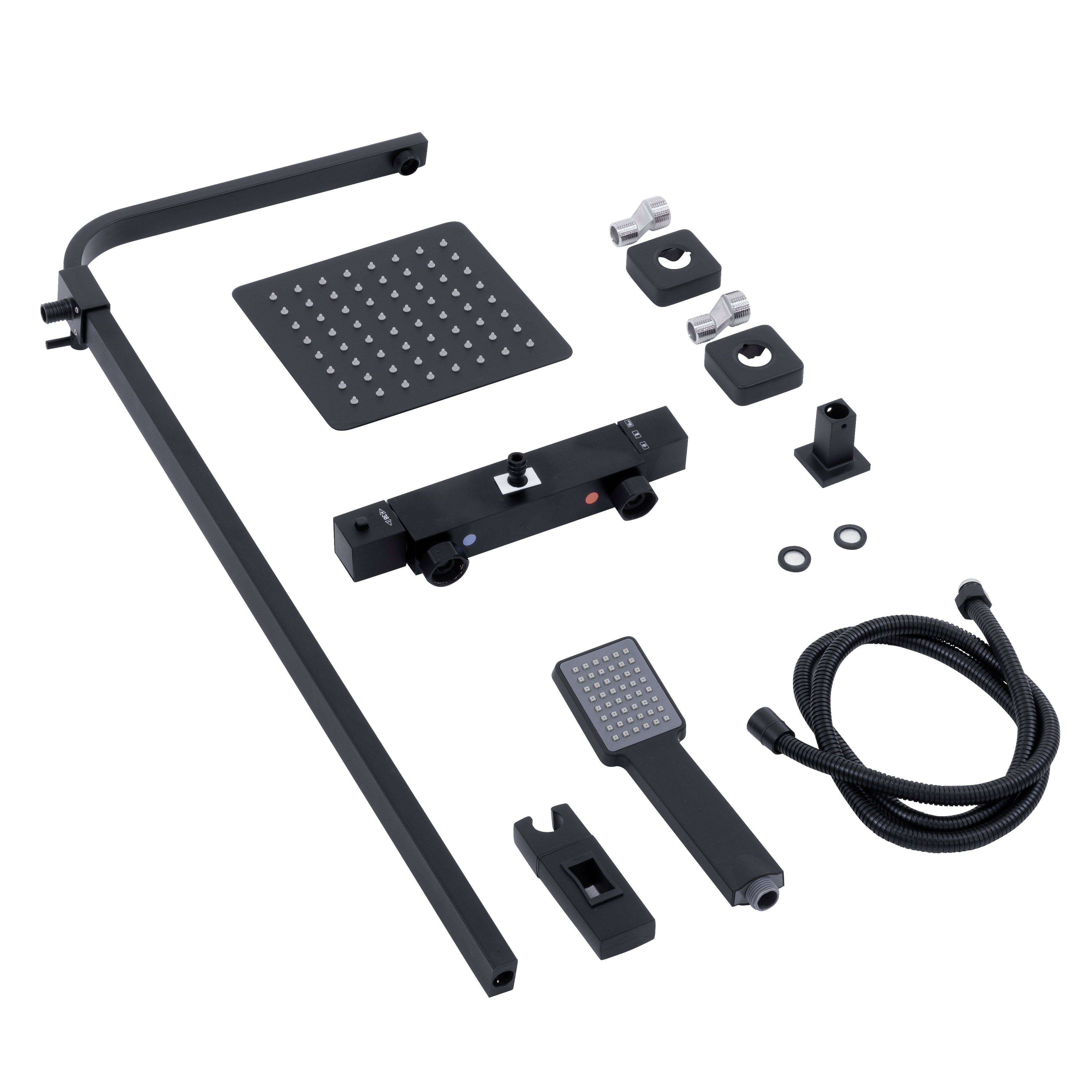 Baridi Thermostatic Shower Mixer Set, 20x20cm Square Head, Height Adjustable Rail, Black - DH317
