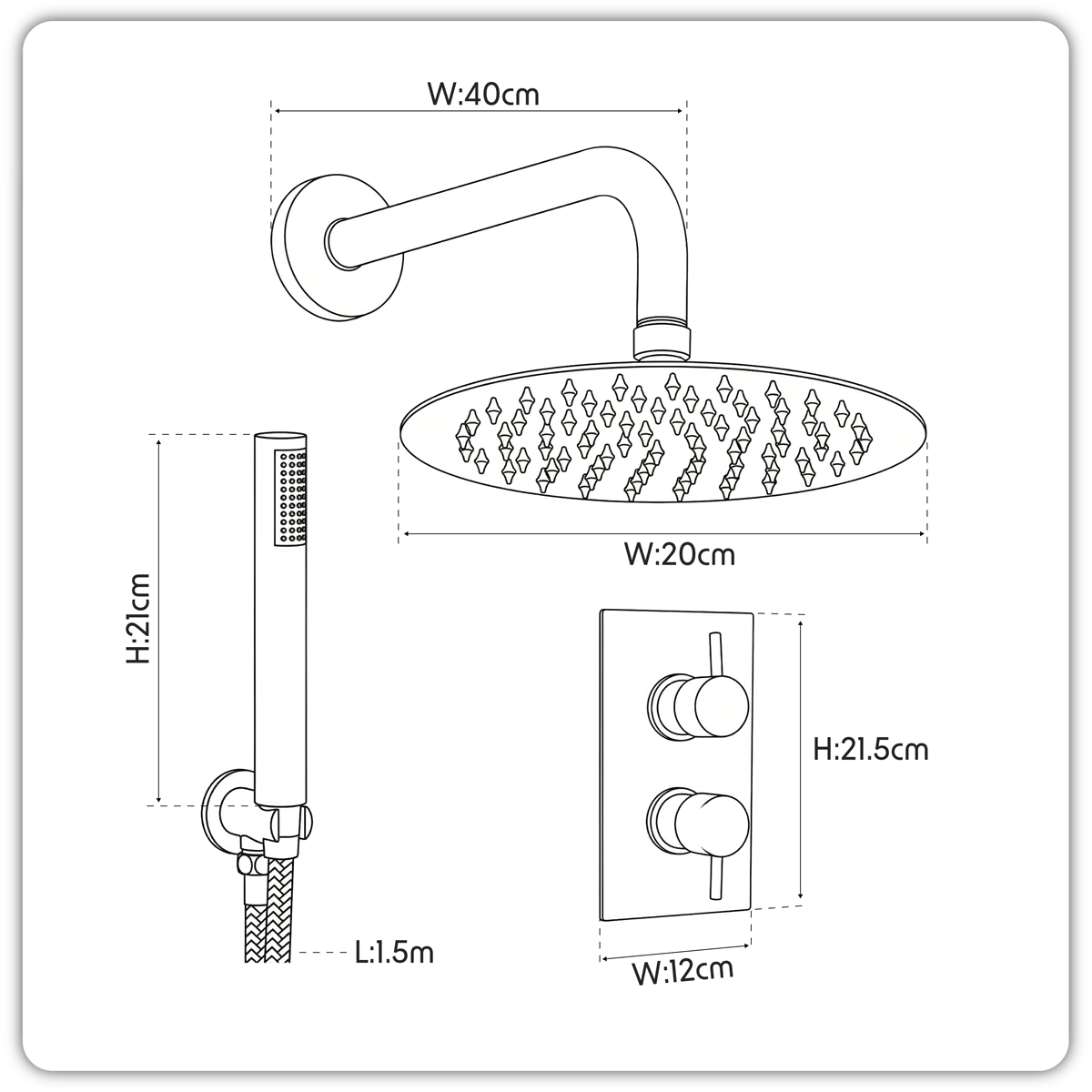 Baridi Concealed Thermostatic Shower Set, Dual Outlet, Ø20cm Round Shower Head & Hand Shower, Chrome - DH318
