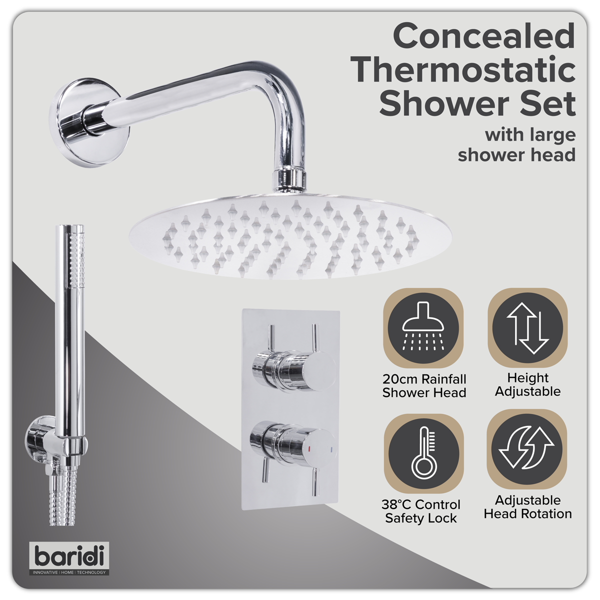 Baridi Concealed Thermostatic Shower Set, Dual Outlet, Ø20cm Round Shower Head & Hand Shower, Chrome - DH318