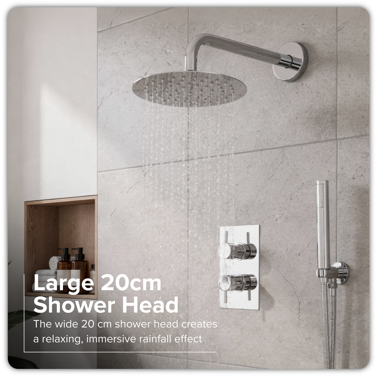 Baridi Concealed Thermostatic Shower Set, Dual Outlet, Ø20cm Round Shower Head & Hand Shower, Chrome - DH318