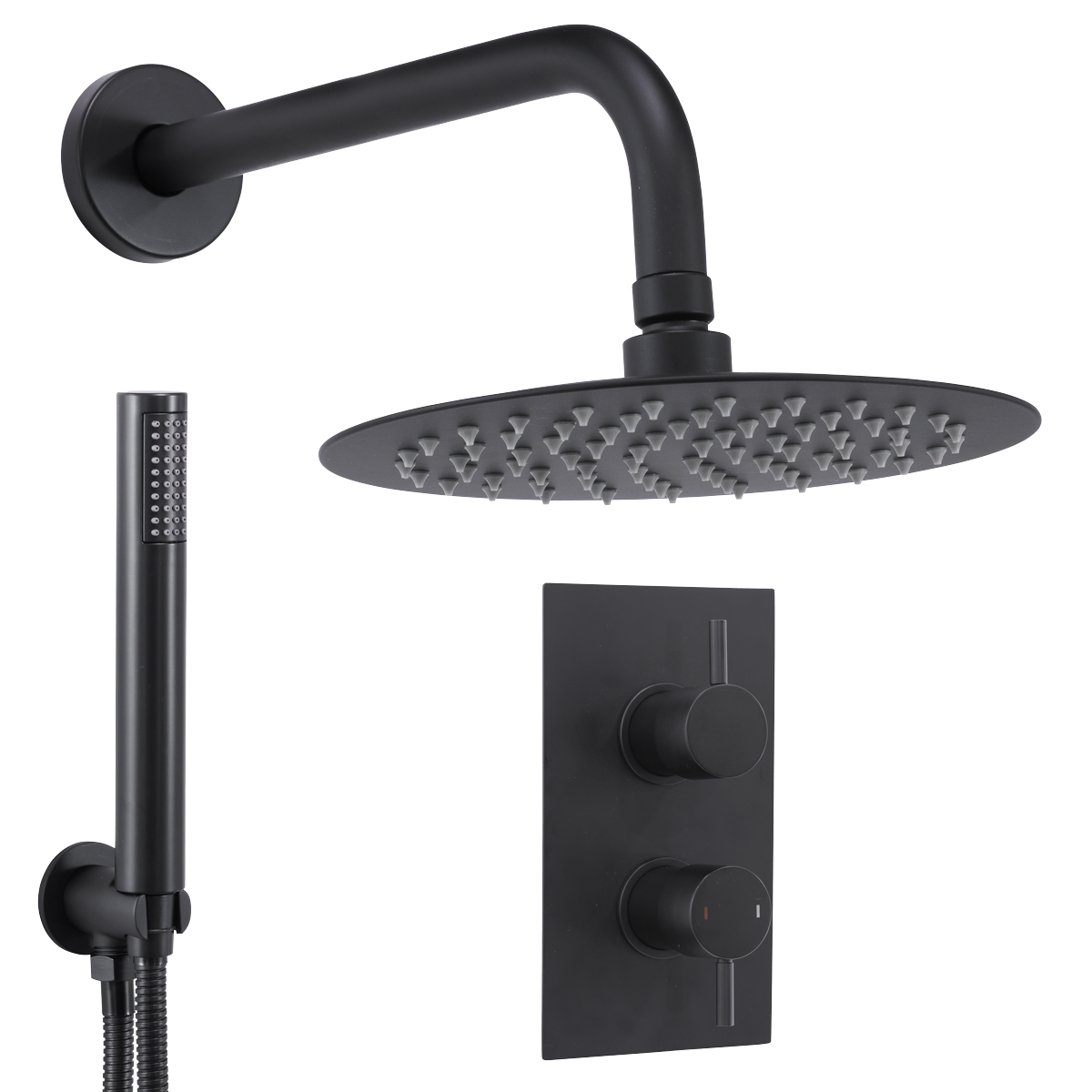 Baridi Concealed Thermostatic Shower Set, Dual Outlet, Ø20cm Round Shower Head & Hand Shower, Black - DH319