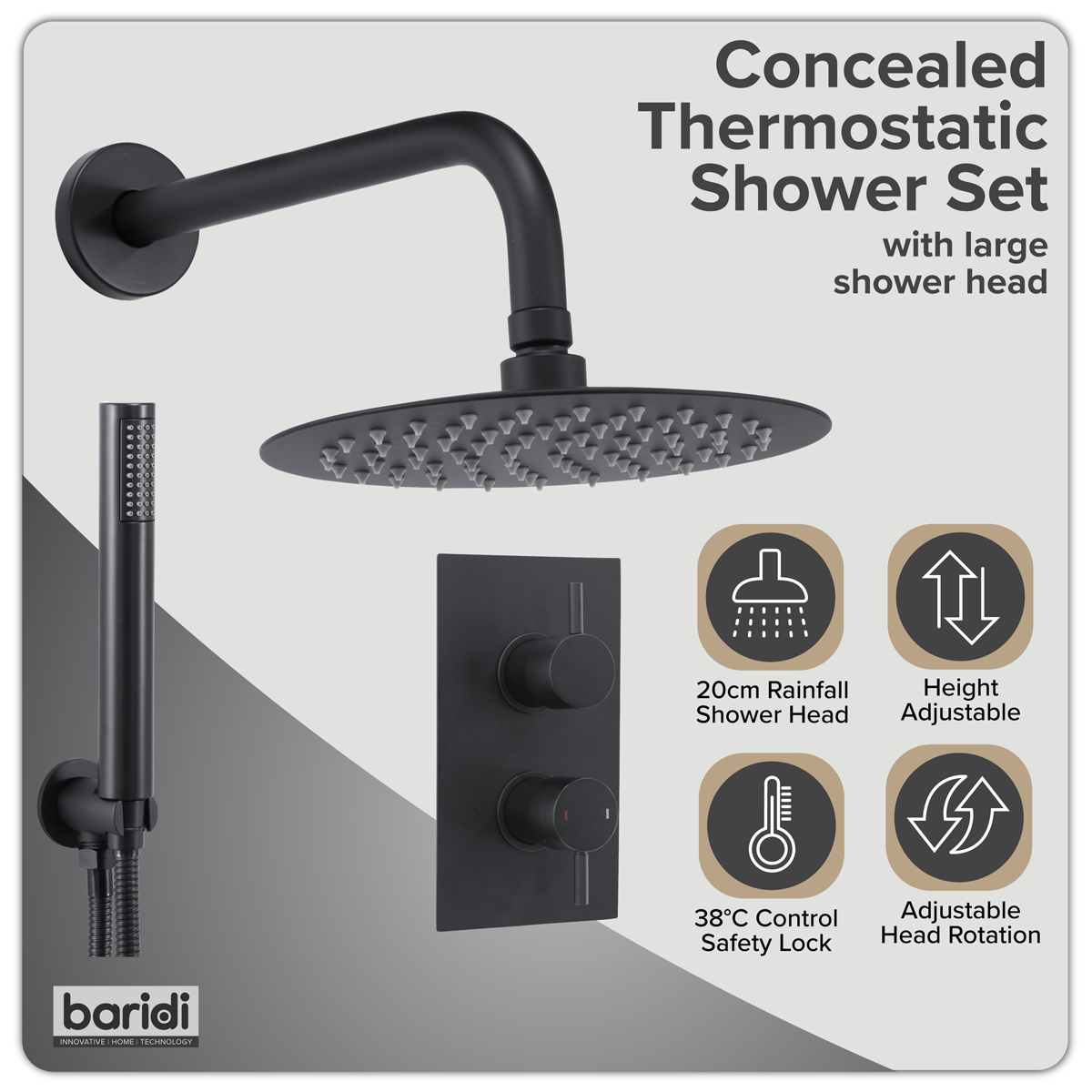 Baridi Concealed Thermostatic Shower Set, Dual Outlet, Ø20cm Round Shower Head & Hand Shower, Black - DH319