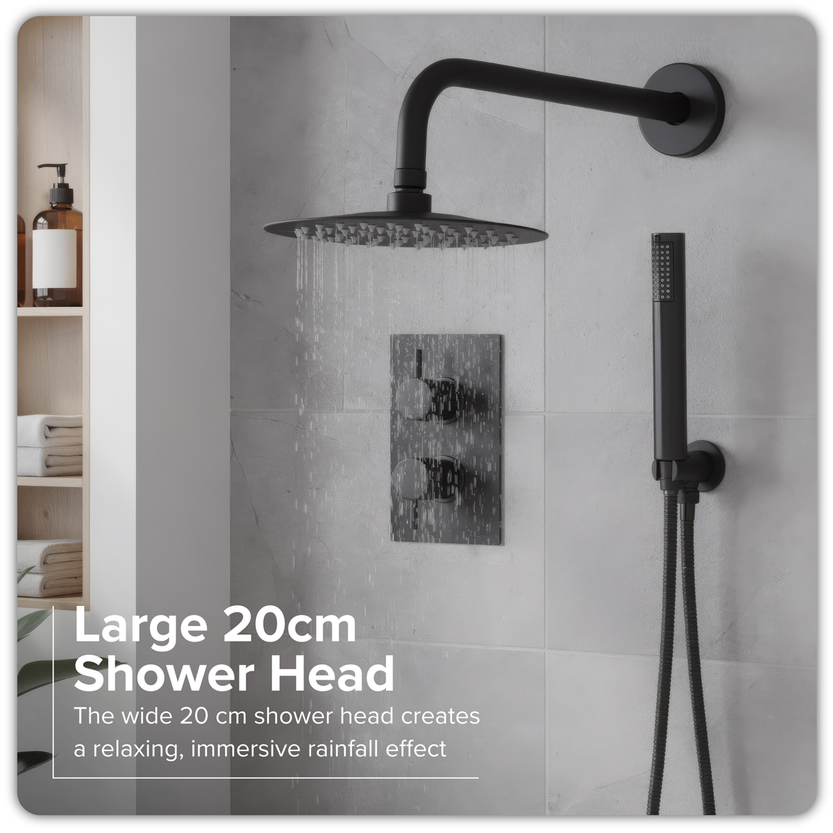 Baridi Concealed Thermostatic Shower Set, Dual Outlet, Ø20cm Round Shower Head & Hand Shower, Black - DH319