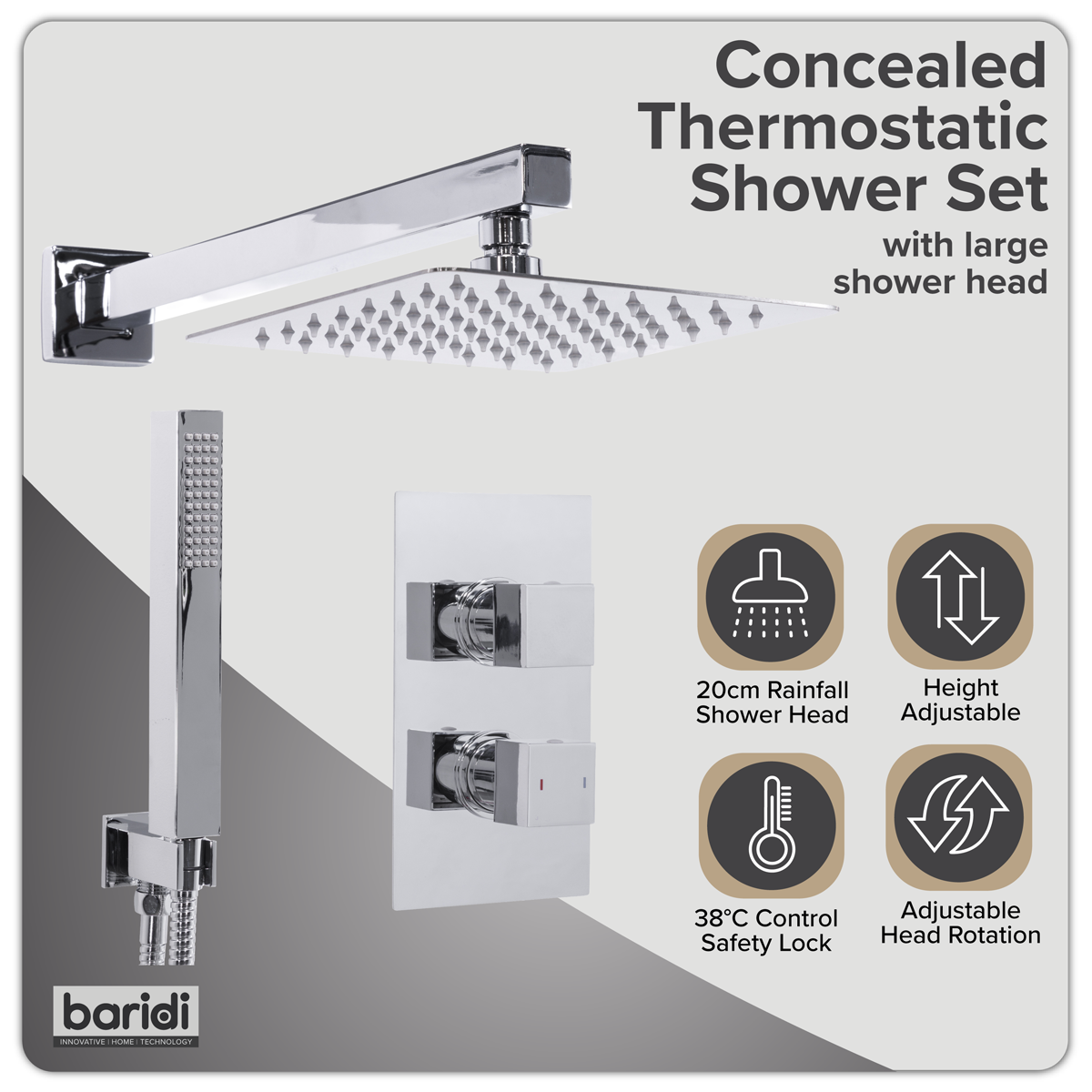 Baridi Concealed Thermostatic Shower Set 20 x 20cm Square Head & Hand Shower - Chrome - DH320