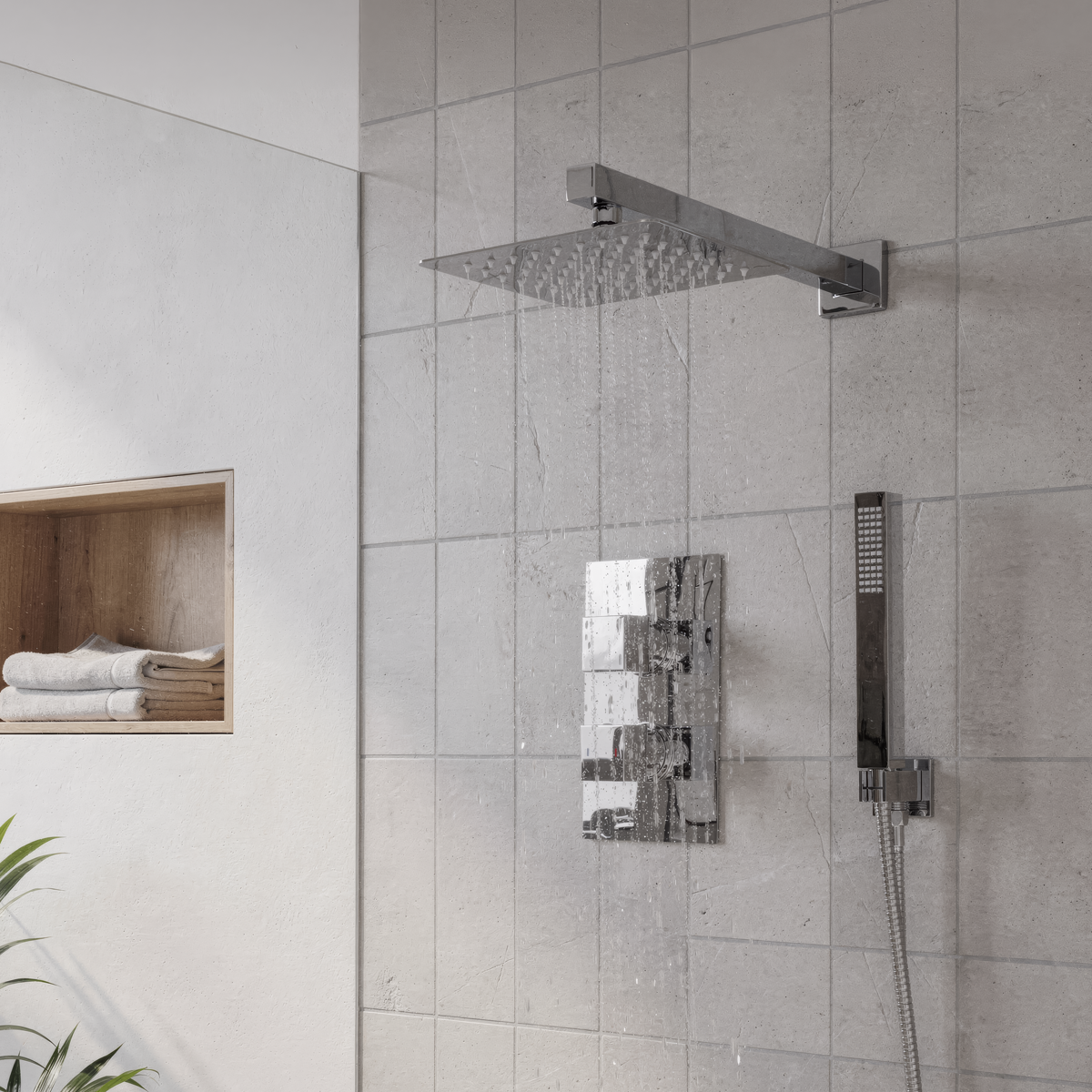 Baridi Concealed Thermostatic Shower Set 20 x 20cm Square Head & Hand Shower - Chrome - DH320