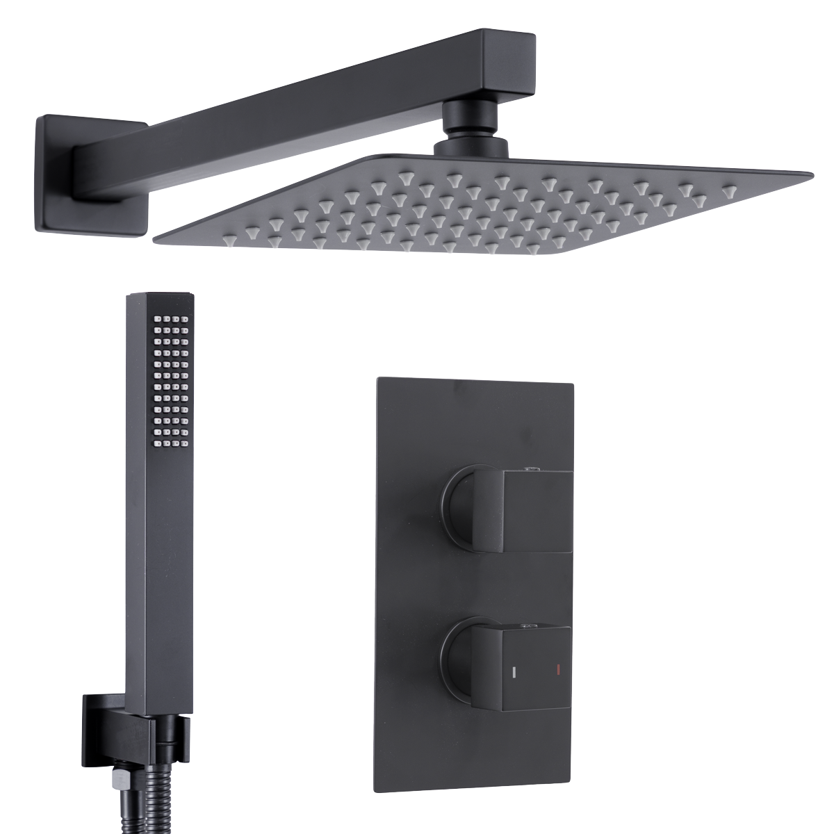 Baridi Concealed Thermostatic Shower Set 20 x 20cm Square Head & Hand Shower, Black - DH321