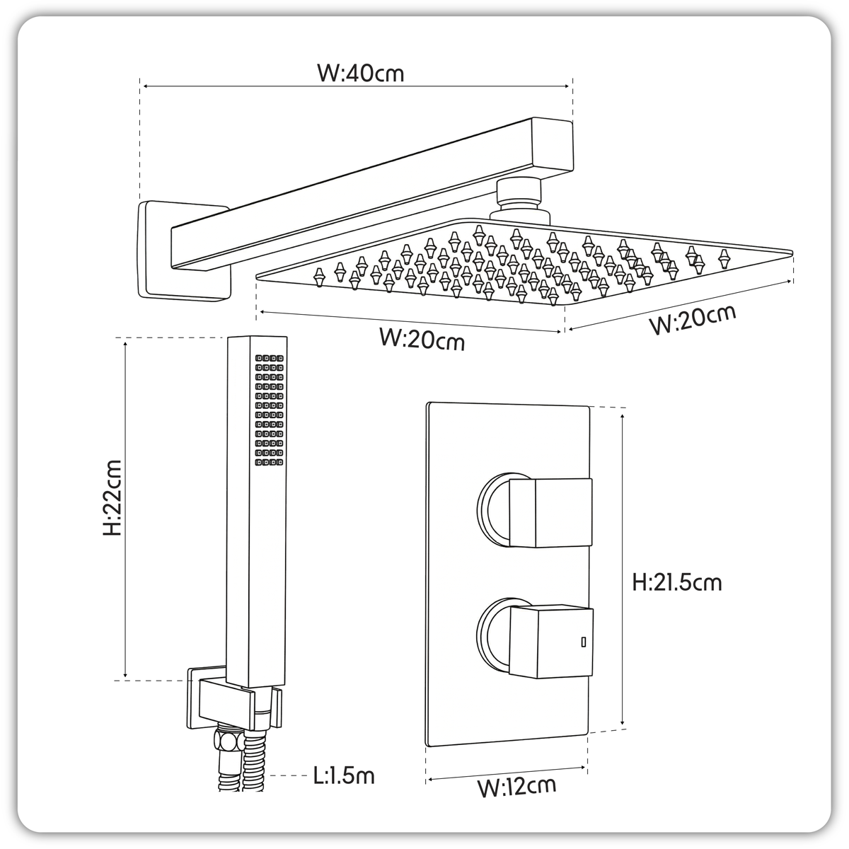 Baridi Concealed Thermostatic Shower Set 20 x 20cm Square Head & Hand Shower, Black - DH321