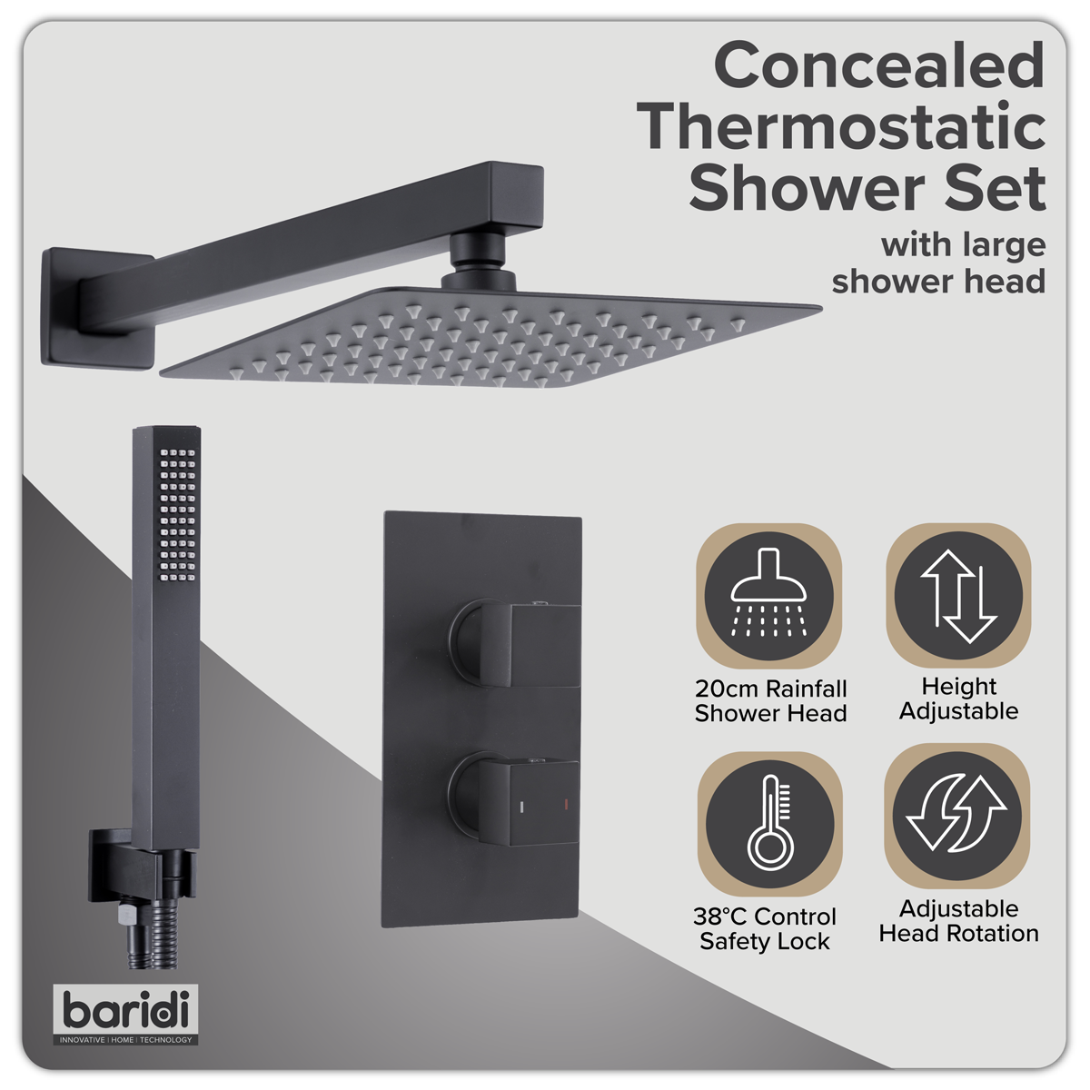 Baridi Concealed Thermostatic Shower Set 20 x 20cm Square Head & Hand Shower, Black - DH321