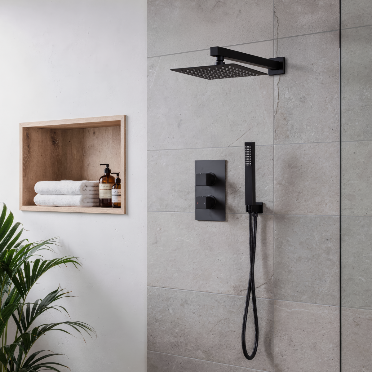 Baridi Concealed Thermostatic Shower Set 20 x 20cm Square Head & Hand Shower, Black - DH321