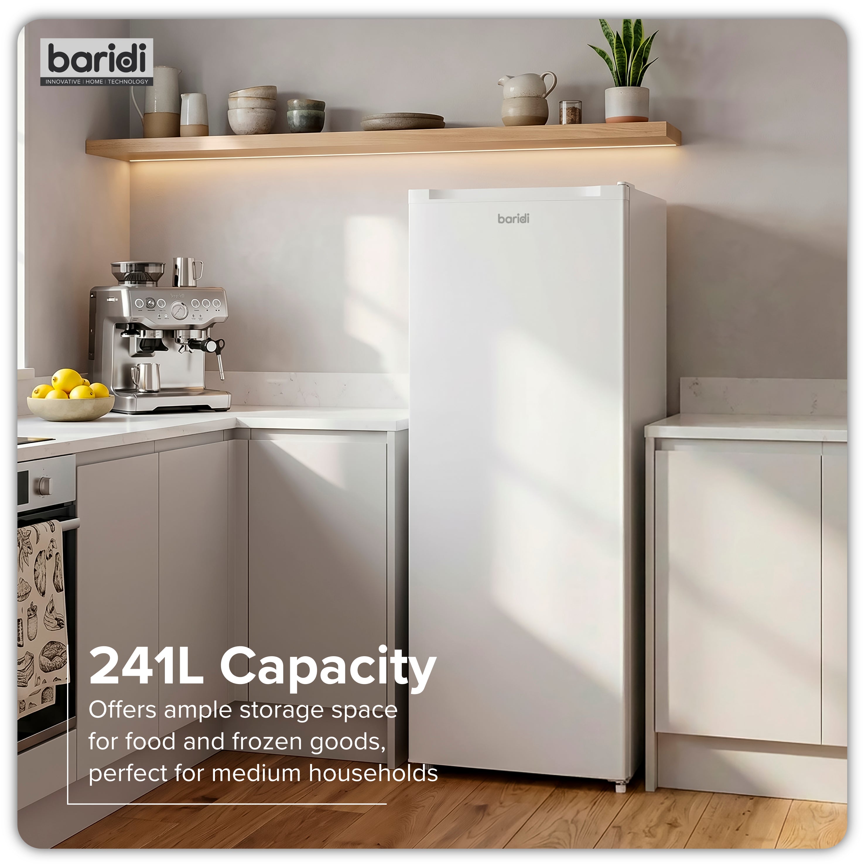 Baridi Freestanding Tall Larder Fridge, 241L Capacity with Reversible Door, 55cm Wide, White – DH322