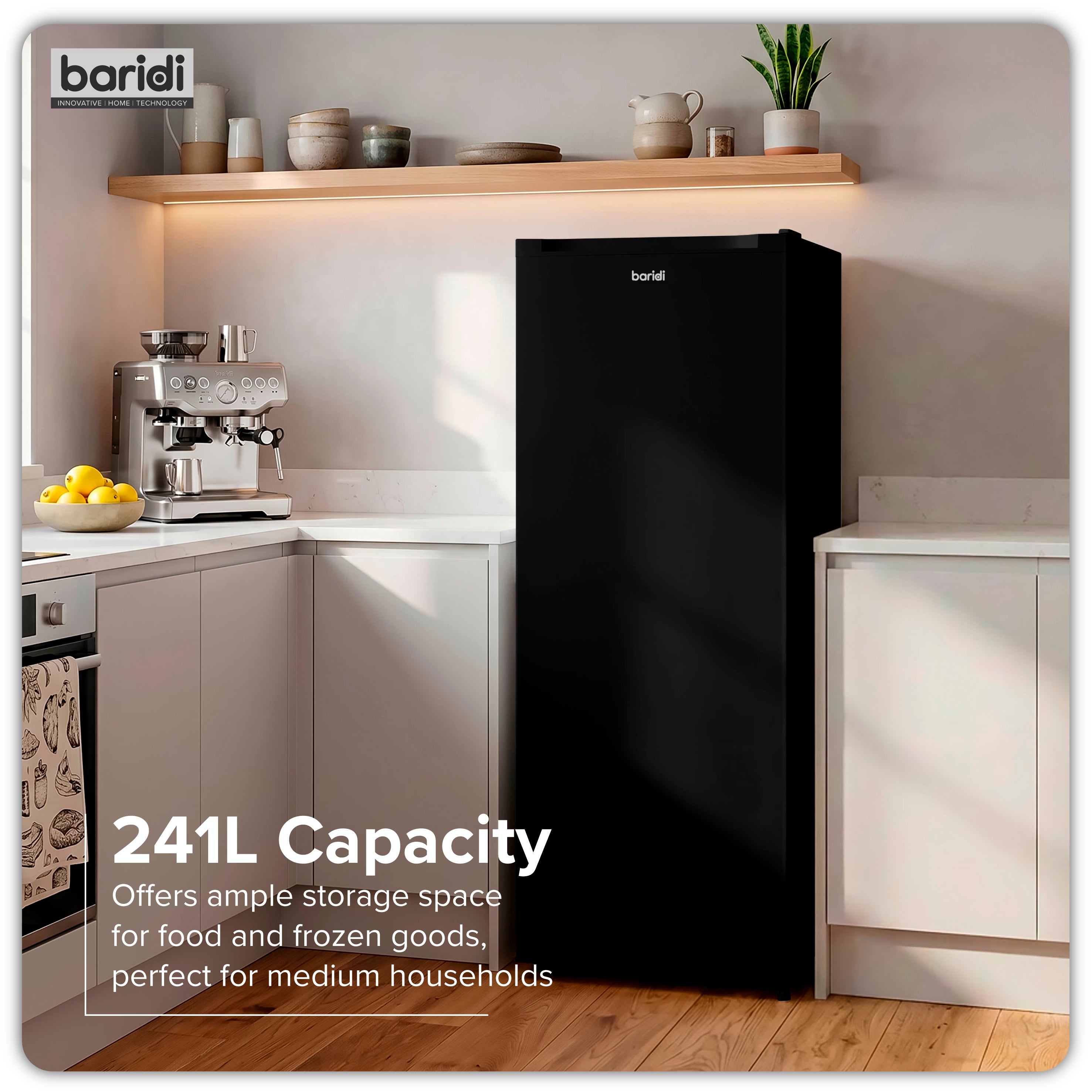 Baridi Freestanding Tall Larder Fridge, 241L Capacity with Reversible Door, 55cm Wide, Black – DH323