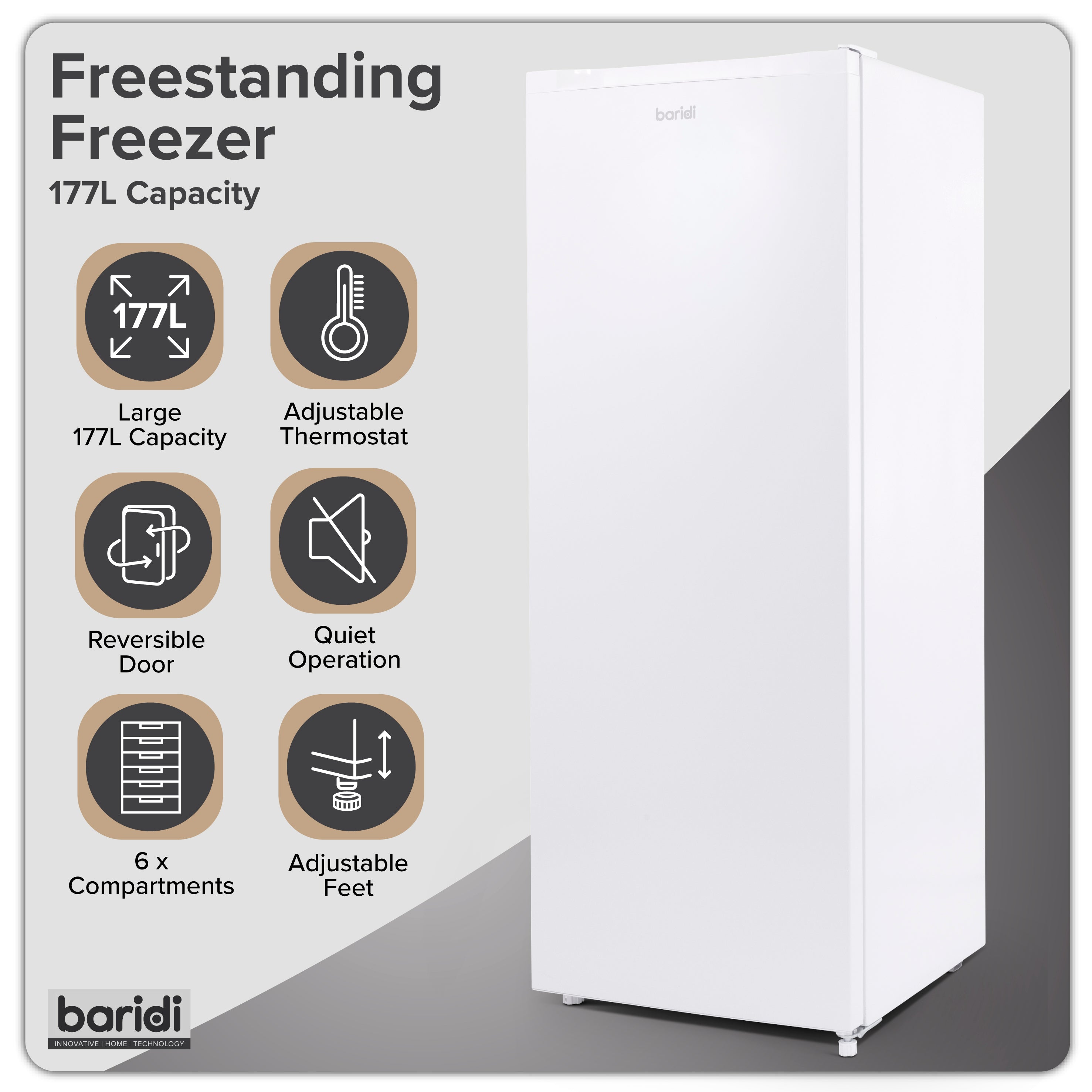 Baridi Freestanding Tall Freezer, 177L Capacity with Reversible Door, White – DH324