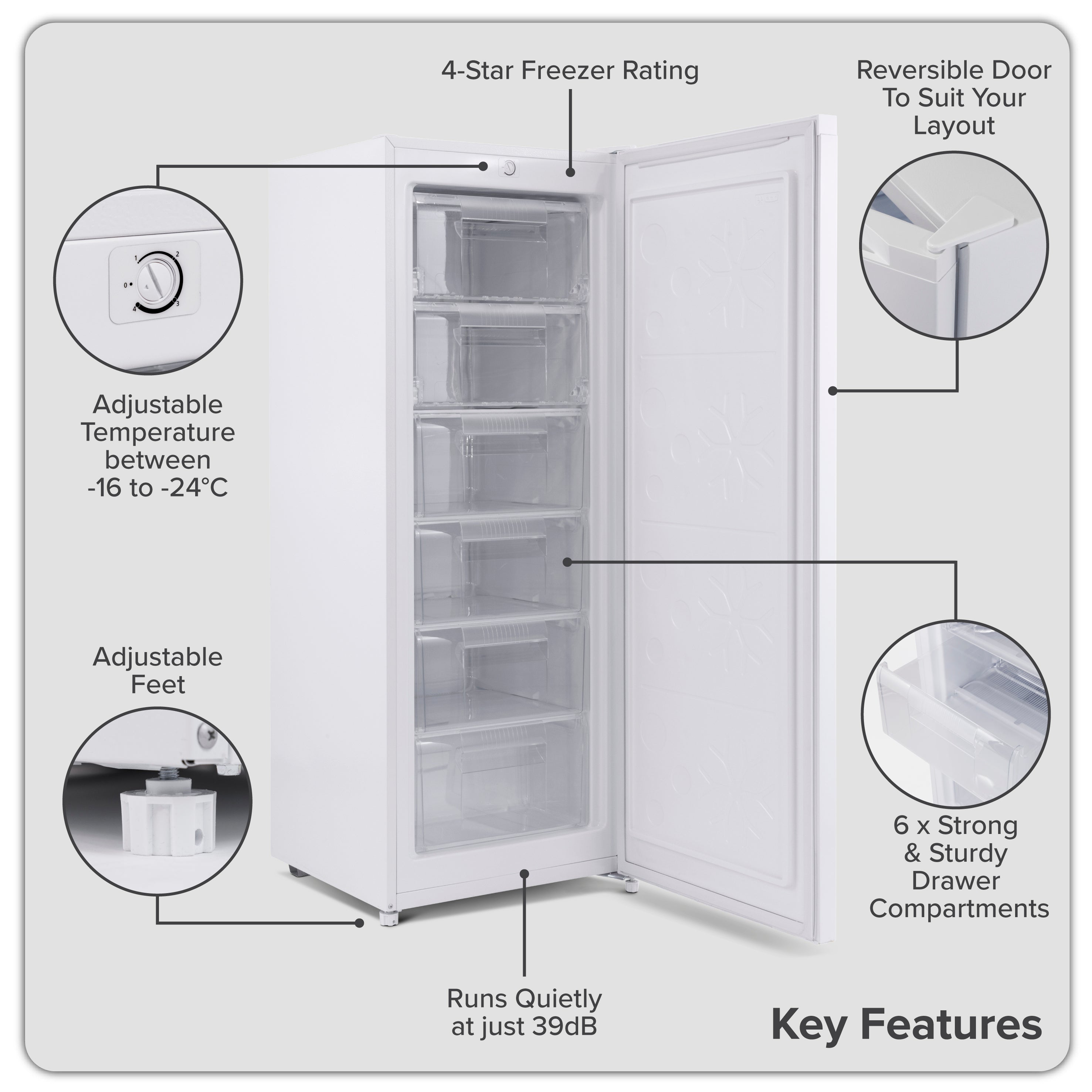 Baridi Freestanding Tall Freezer, 177L Capacity with Reversible Door, White – DH324