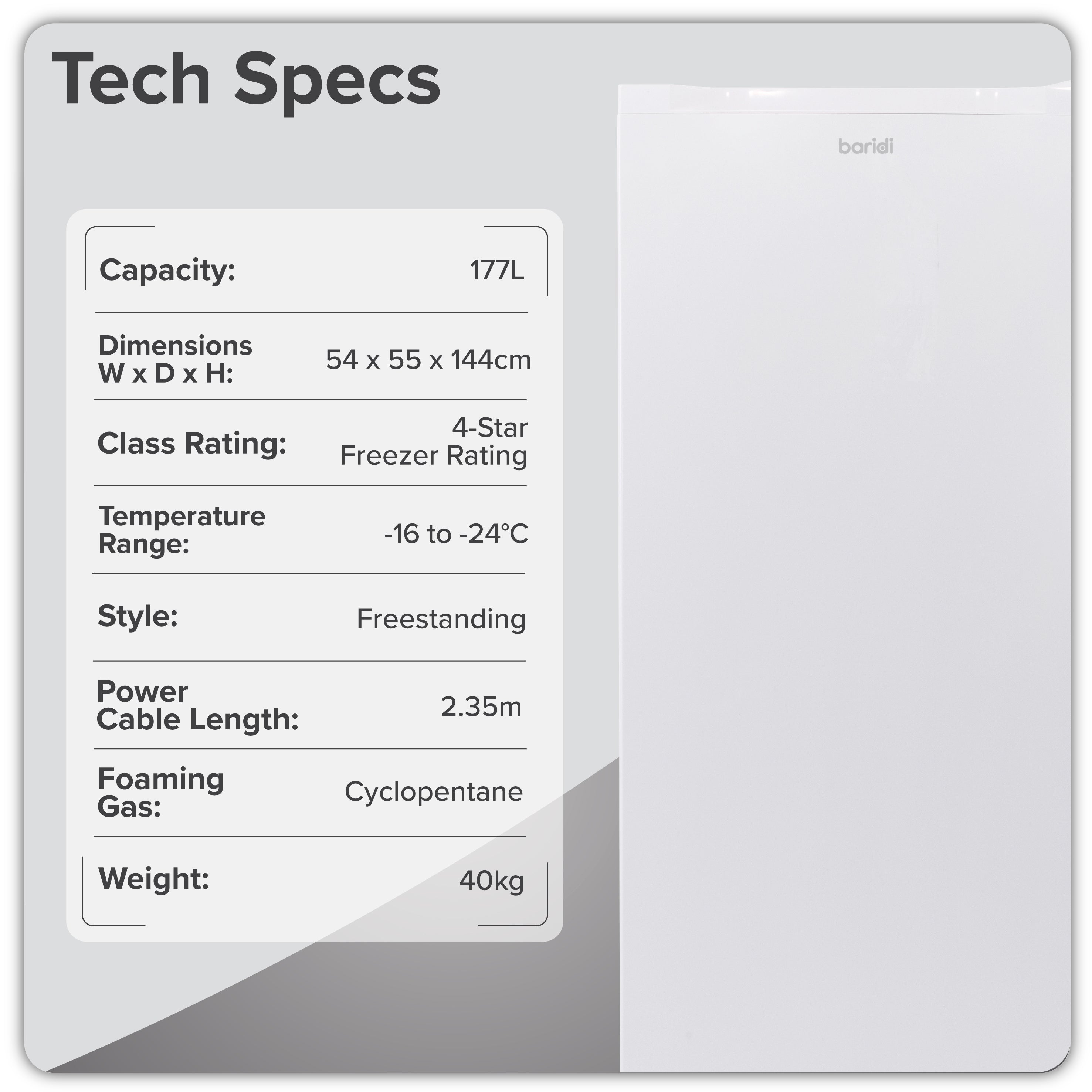 Baridi Freestanding Tall Freezer, 177L Capacity with Reversible Door, White – DH324