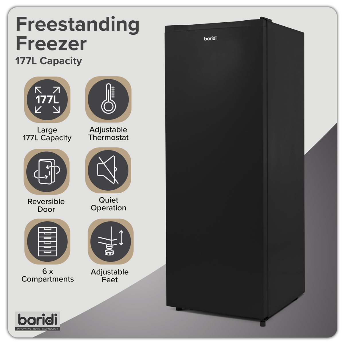 Baridi Freestanding Tall Freezer, 177L Capacity with Reversible Door, Black – DH325