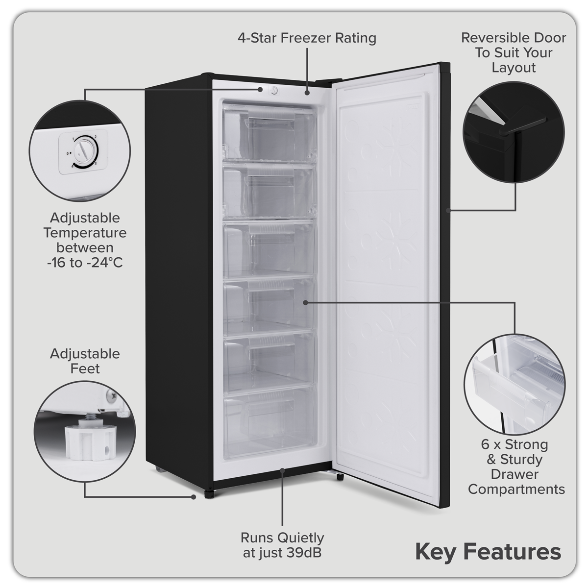 Baridi Freestanding Tall Freezer, 177L Capacity with Reversible Door, Black – DH325