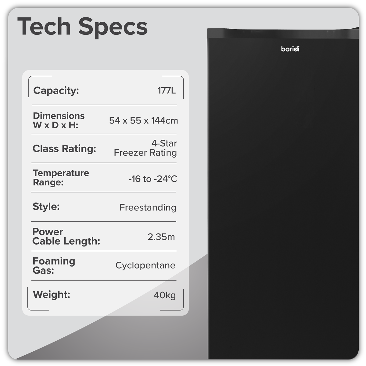 Baridi Freestanding Tall Freezer, 177L Capacity with Reversible Door, Black – DH325