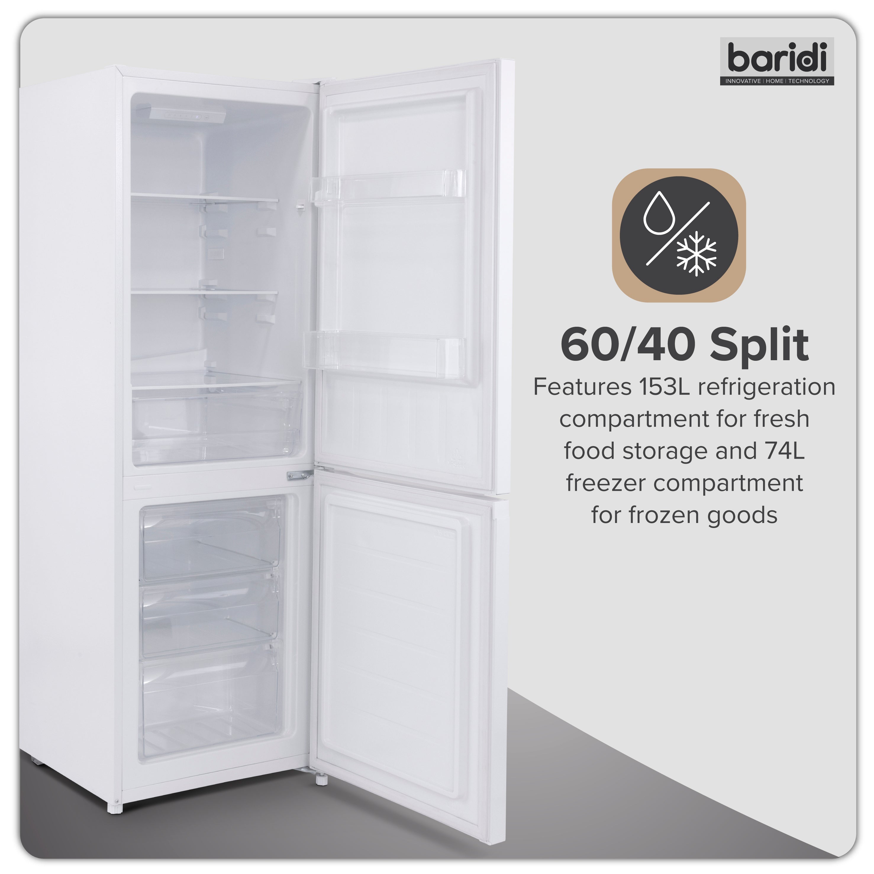 Baridi 60/40 Smart Frost Fridge Freezer 227L Capacity, White - DH326