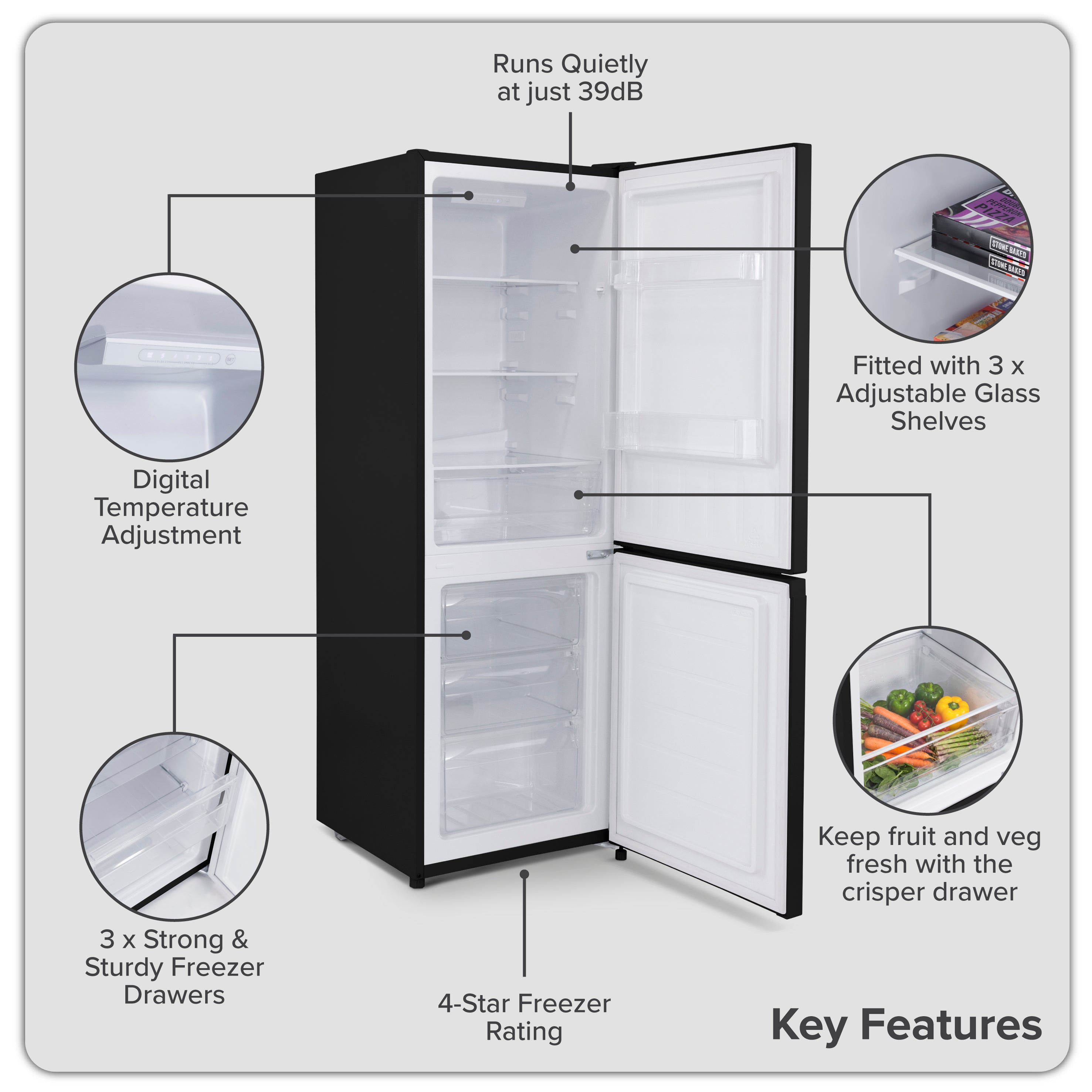 Baridi 60/40 Smart Frost Fridge Freezer 227L Capacity, Black - DH327
