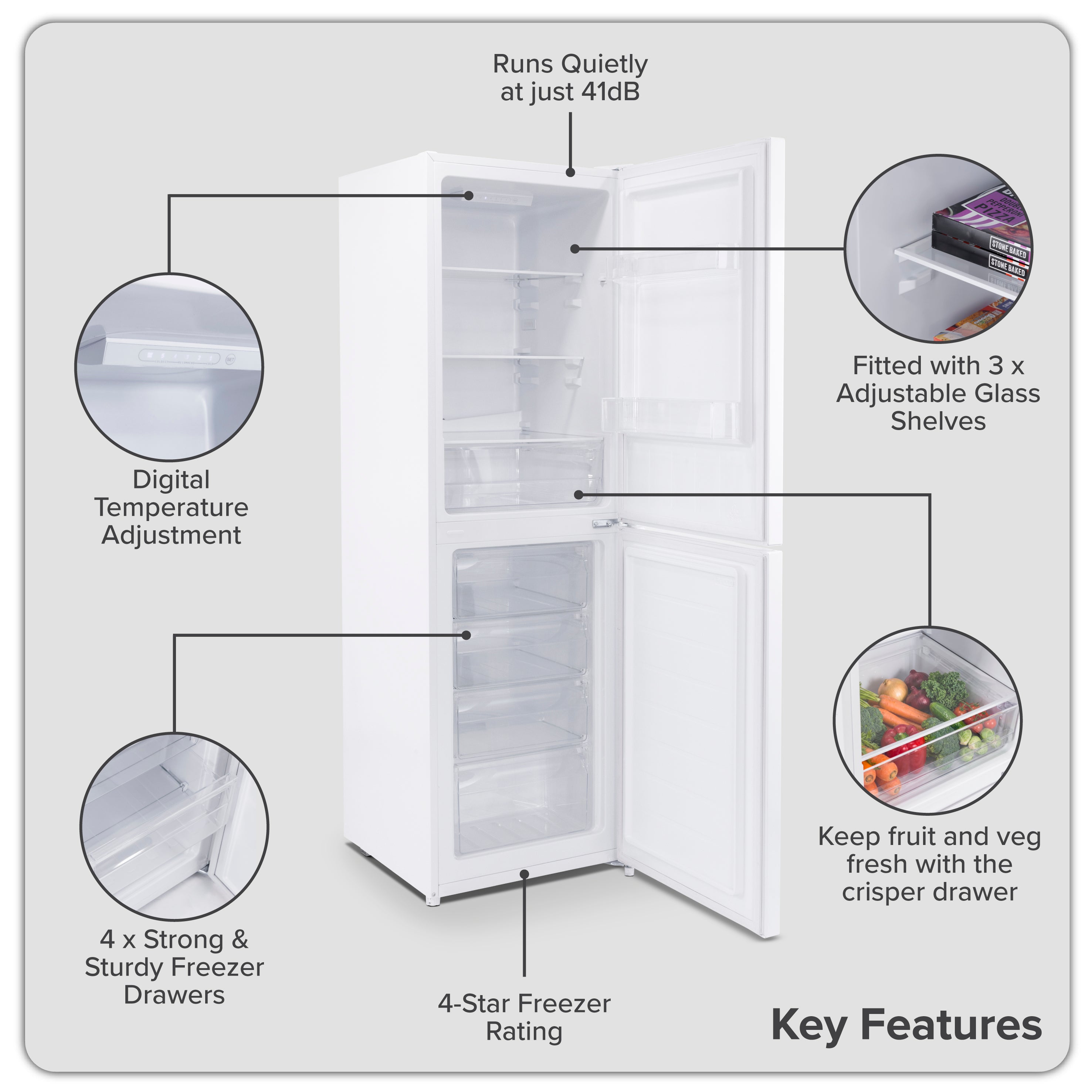 Baridi 50/50 Smart Frost Fridge Freezer 254L Capacity, White - DH328