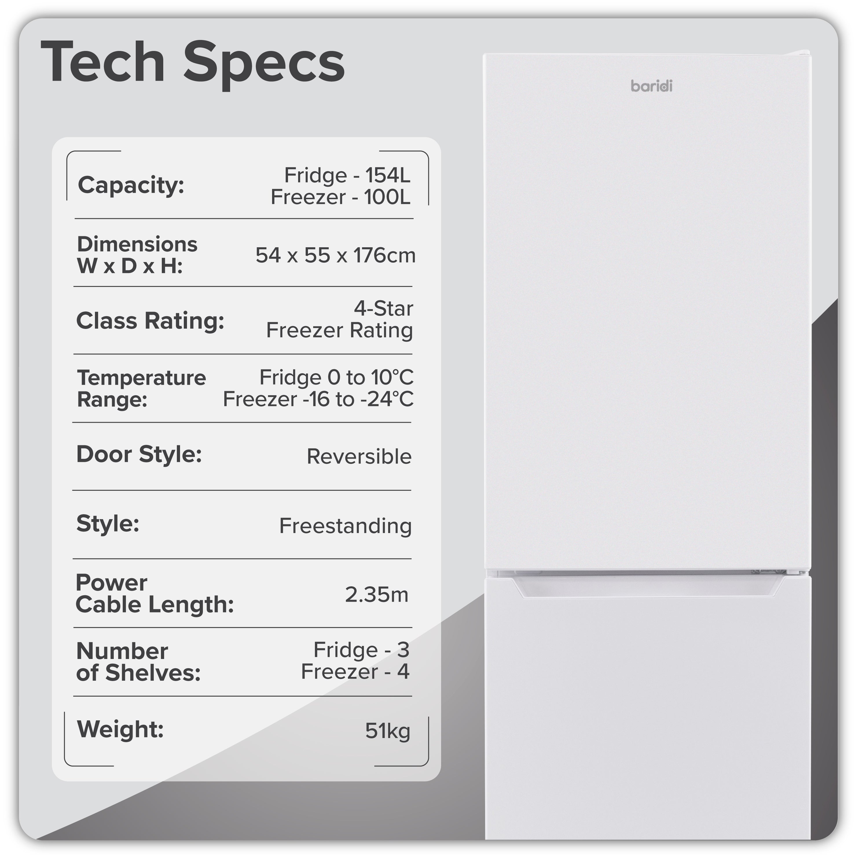 Baridi 50/50 Smart Frost Fridge Freezer 254L Capacity, White - DH328