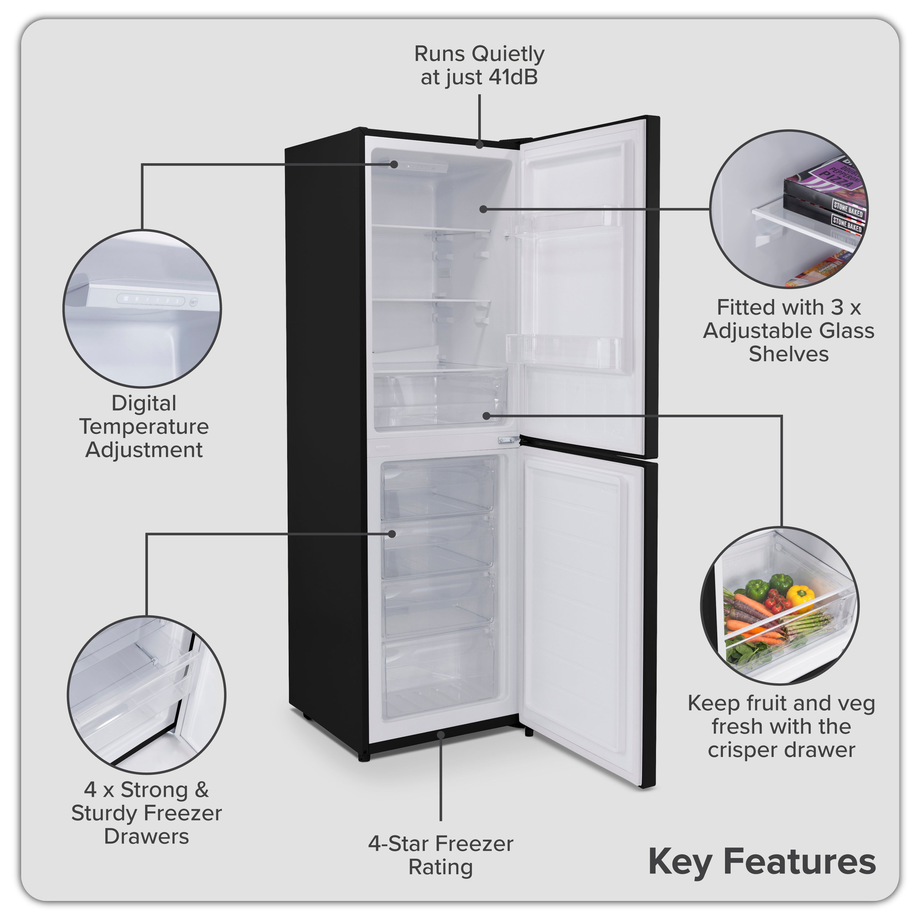 Baridi 50/50 Smart Frost Fridge Freezer 254L Capacity, Black - DH329