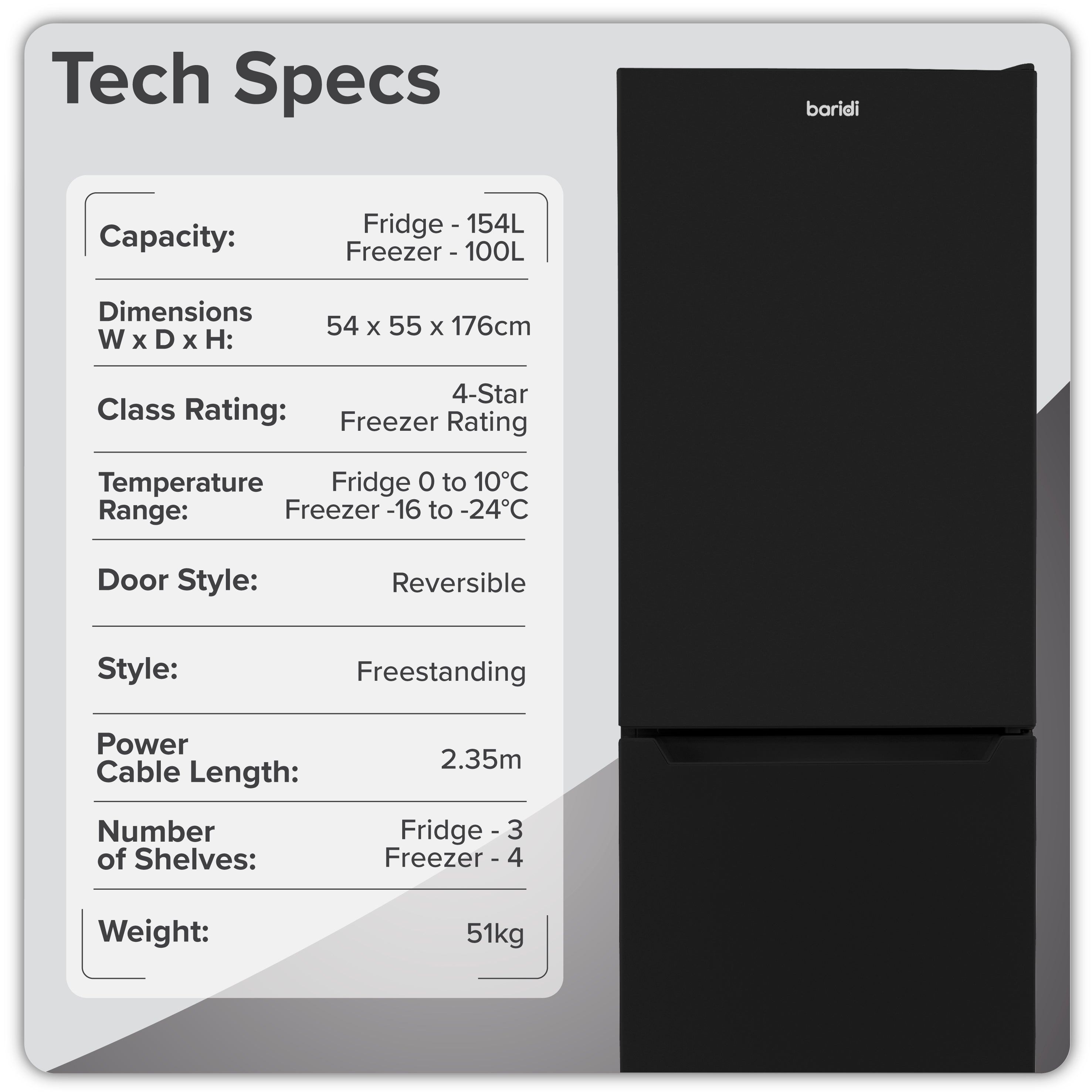 Baridi 50/50 Smart Frost Fridge Freezer 254L Capacity, Black - DH329