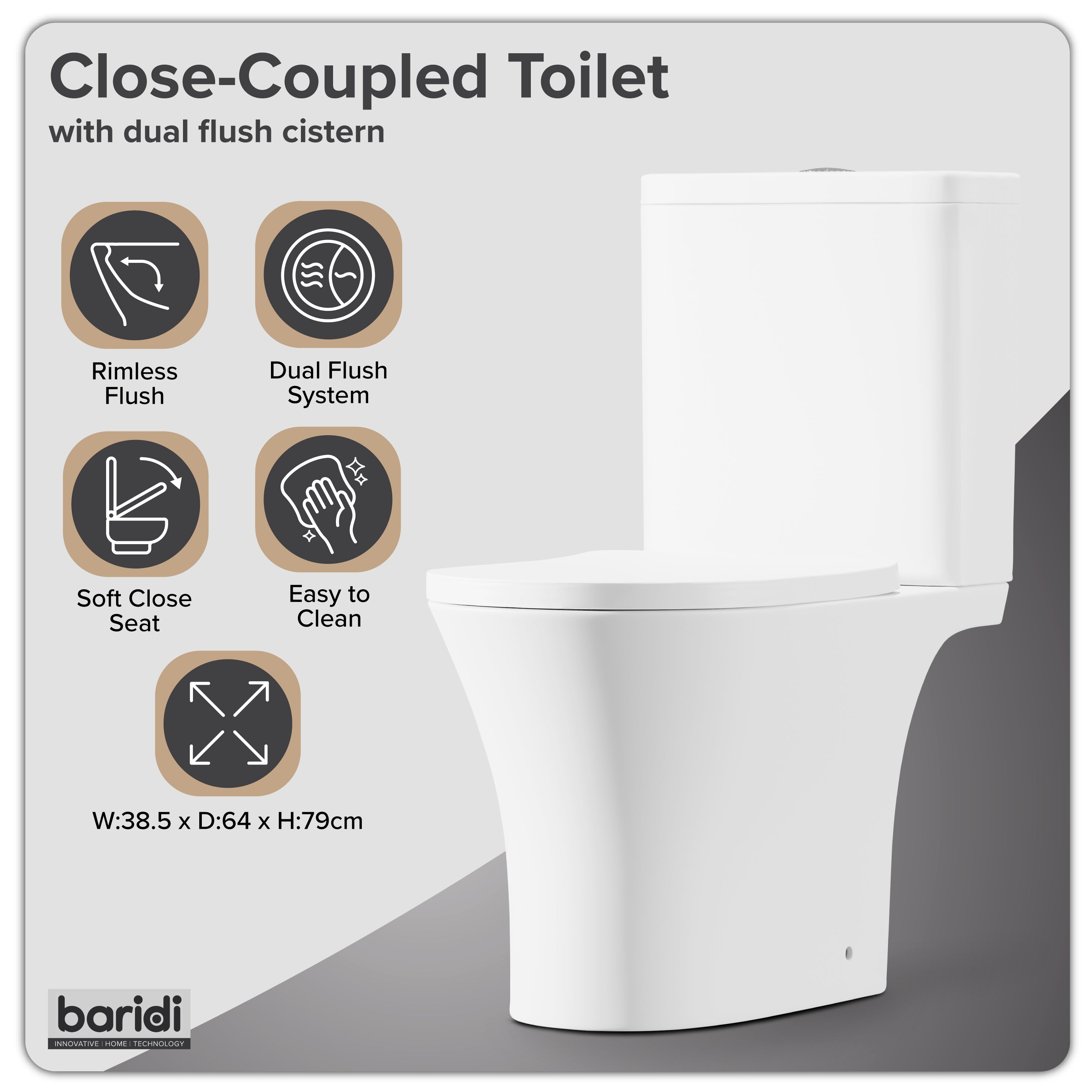 Baridi Close-Coupled Toilet with Soft Close Seat, Dual Flush Cistern & Rimless Flush, White - DH332
