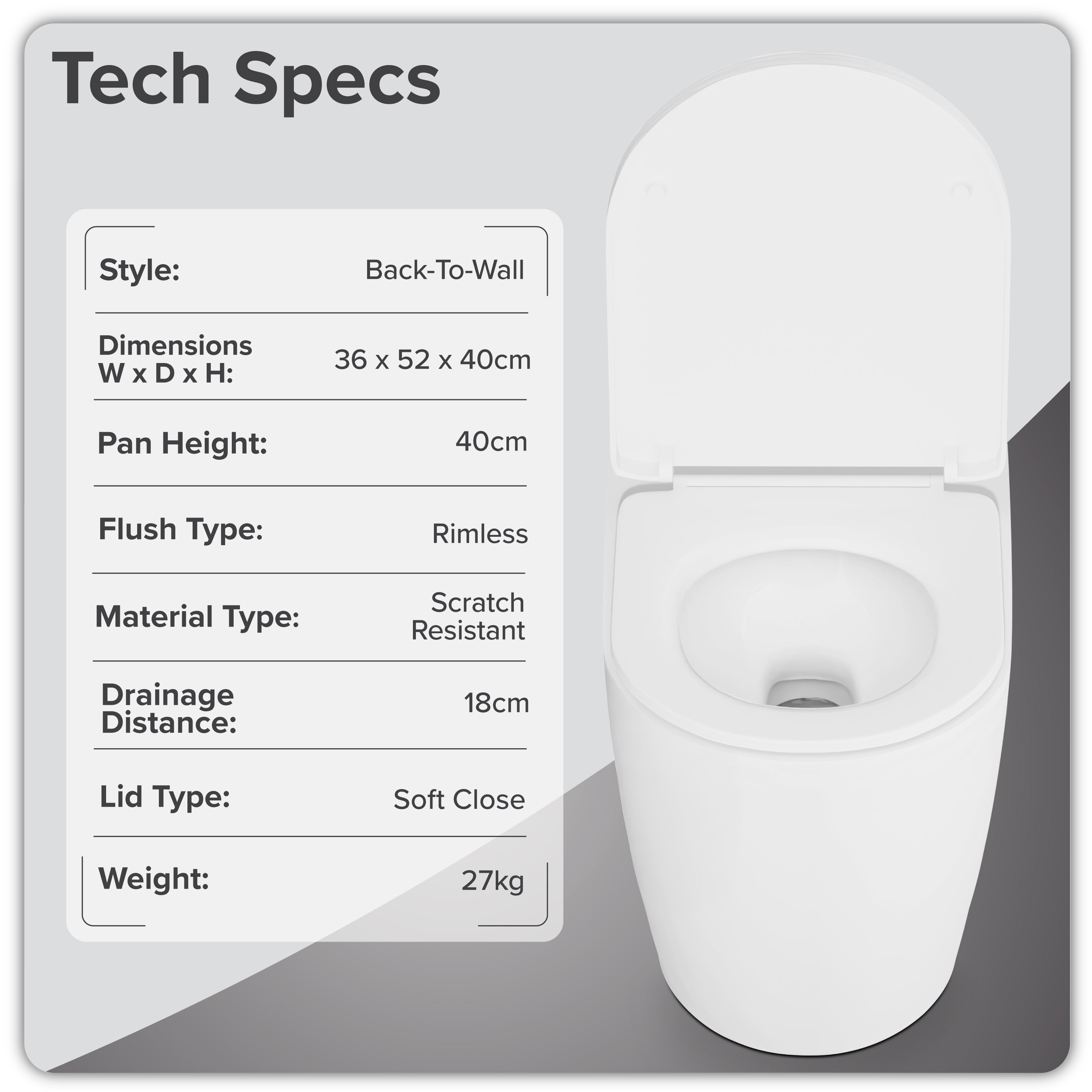Baridi Back-to-Wall Toilet with Soft Close Seat & Rimless Flush, White - DH334
