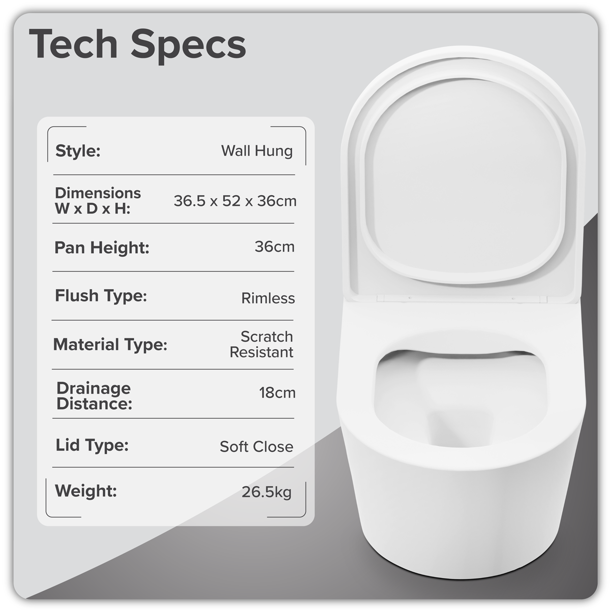 Baridi Wall Hung Toilet with Soft Close Seat & Rimless Flush, White - DH335