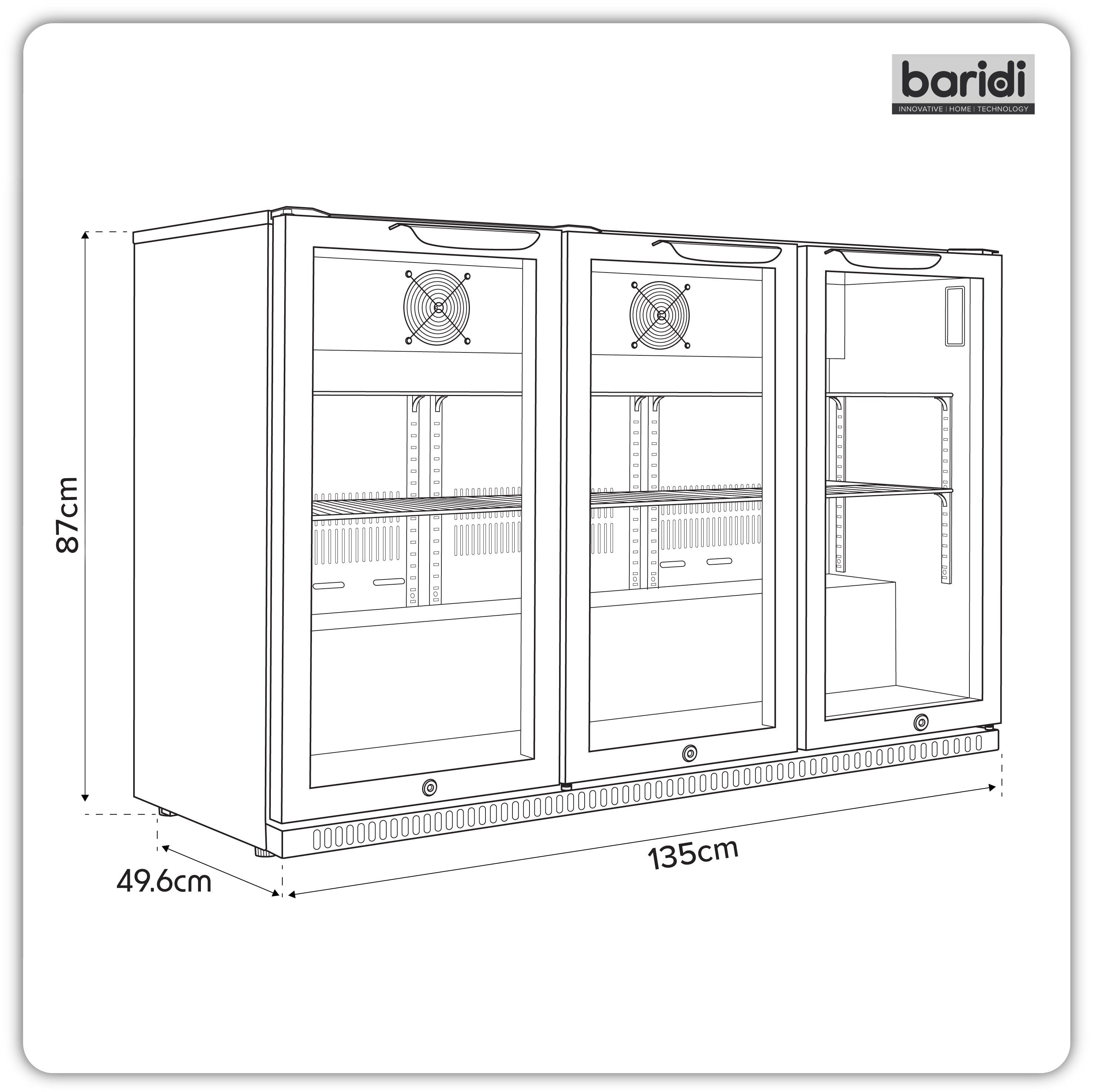 Baridi Back Bar Drinks Fridge/Cooler with Triple Hinged Door 307L, Black – DH336