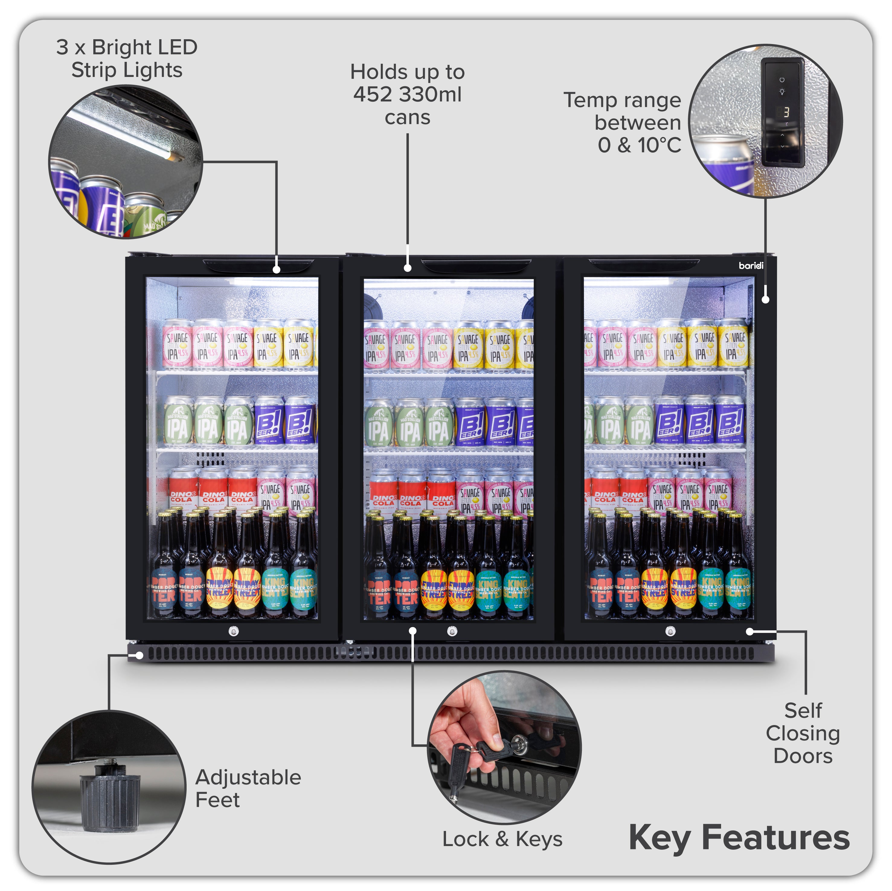 Baridi Back Bar Drinks Fridge/Cooler with Triple Hinged Door 307L, Black – DH336