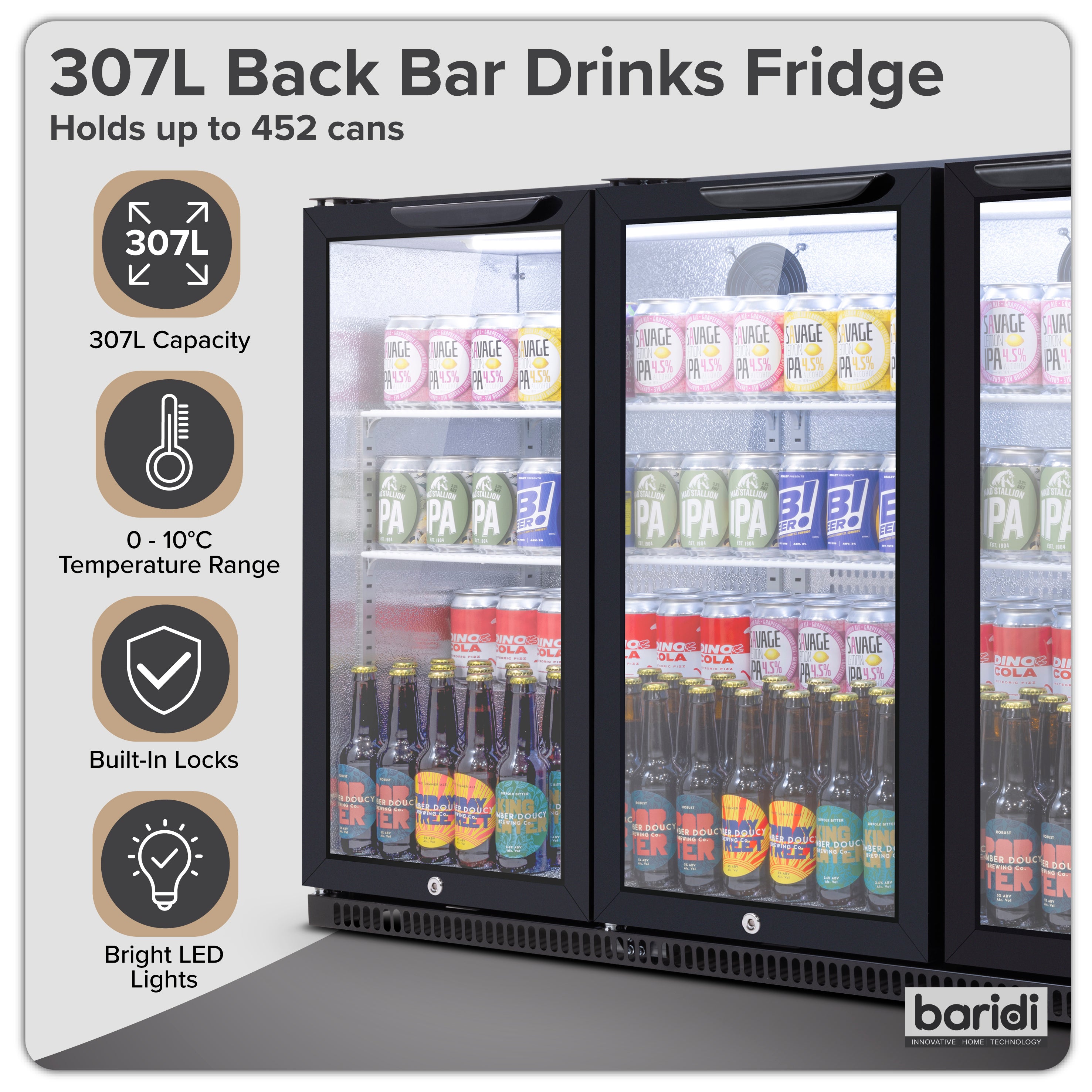 Baridi Back Bar Drinks Fridge/Cooler with Triple Hinged Door 307L, Black – DH336