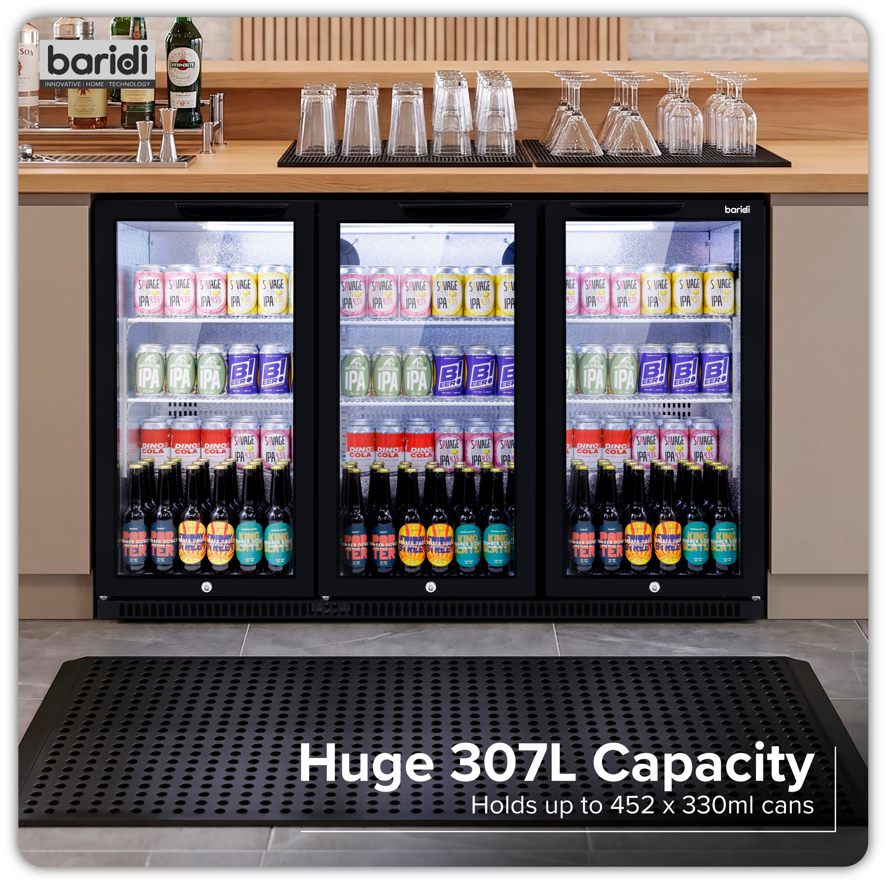 Baridi Back Bar Drinks Fridge/Cooler with Triple Hinged Door 307L, Black – DH336