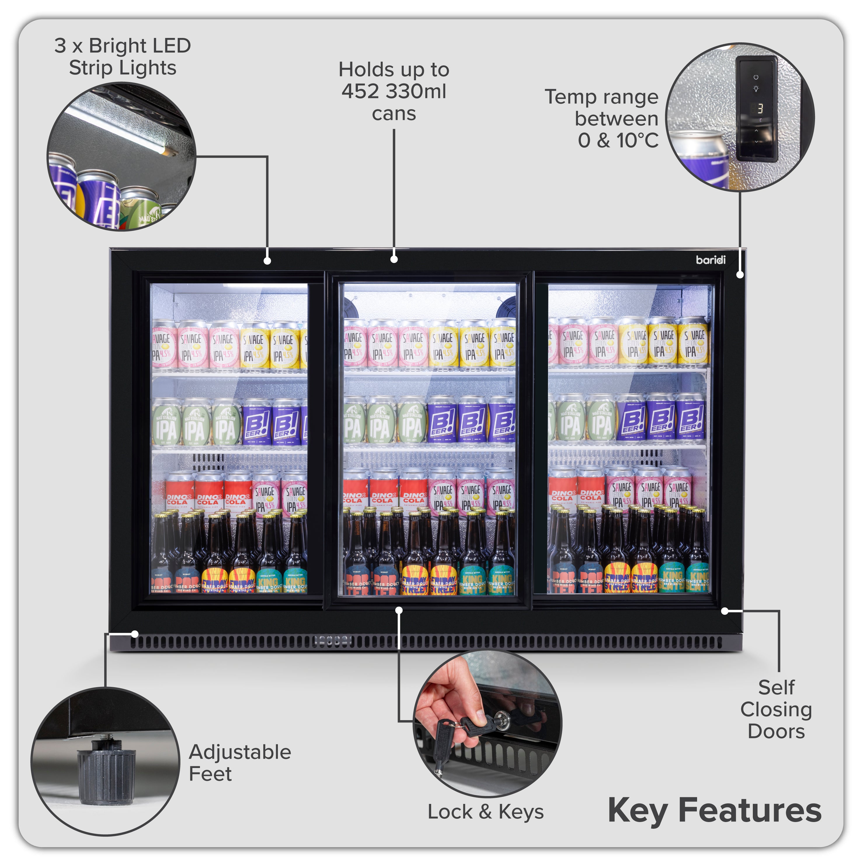Baridi Back Bar Drinks Fridge/Cooler with Triple Sliding Door 307L, Black – DH337