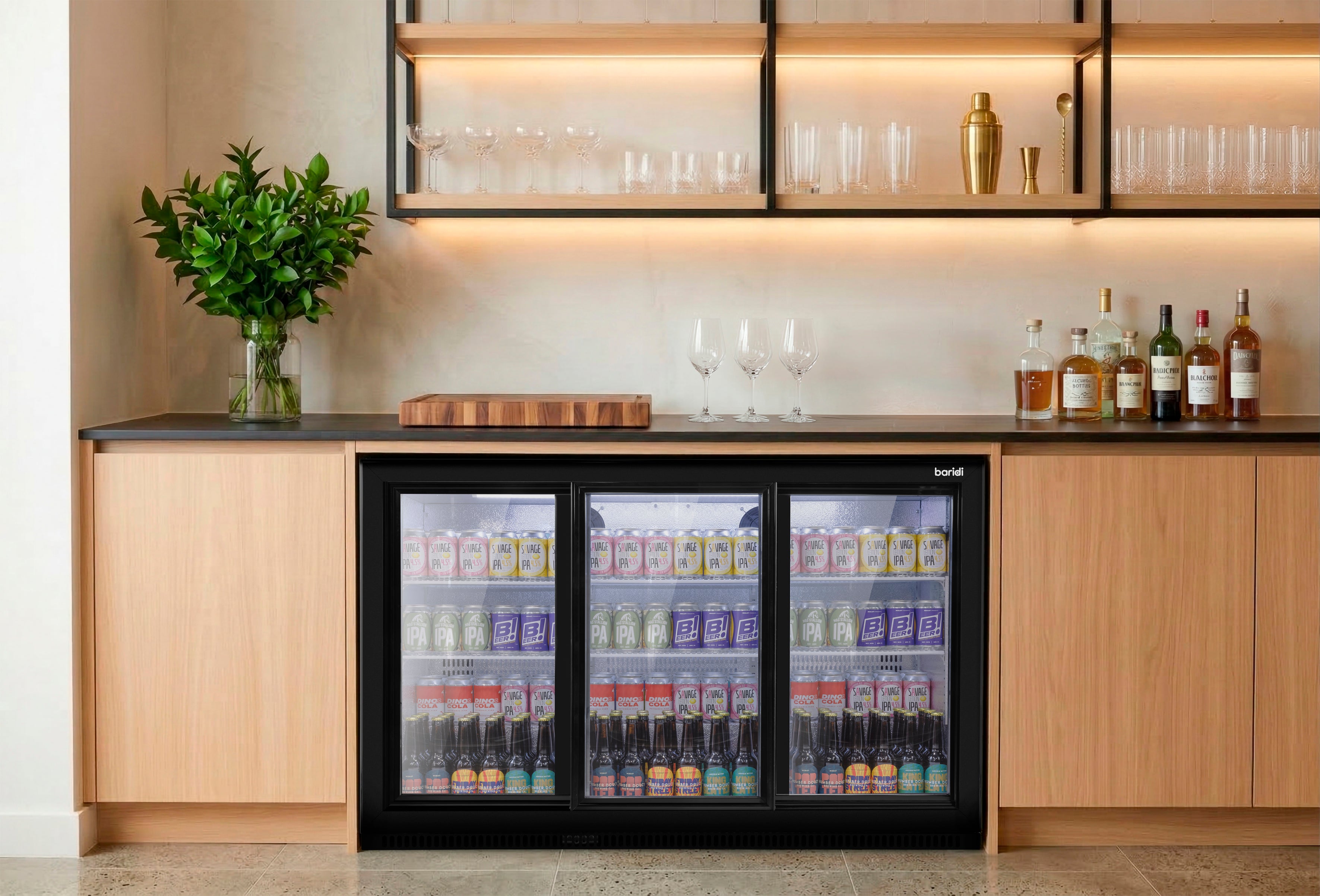 Baridi Back Bar Drinks Fridge/Cooler with Triple Sliding Door 307L, Black – DH337